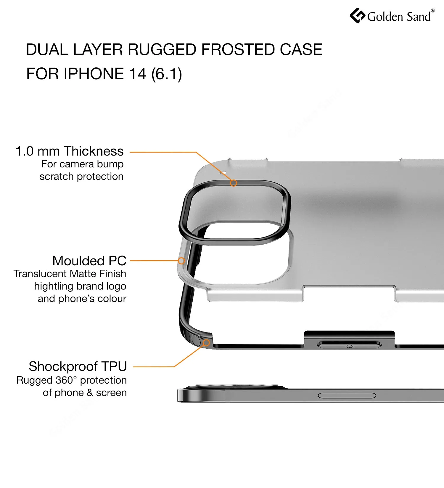 Rugged Frosted Semi Transparent PC Shock Proof Slim Back Cover for Apple iPhone 14, 6.1 inch, Black