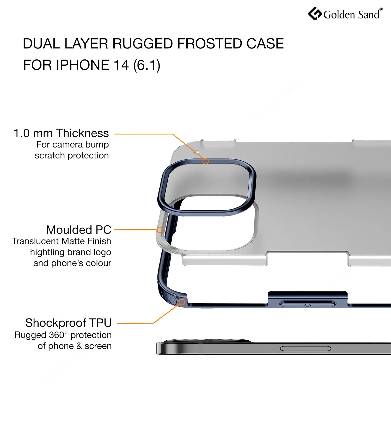Rugged Frosted Semi Transparent PC Shock Proof Slim Back Cover for Apple iPhone 14, 6.1 inch, Blue