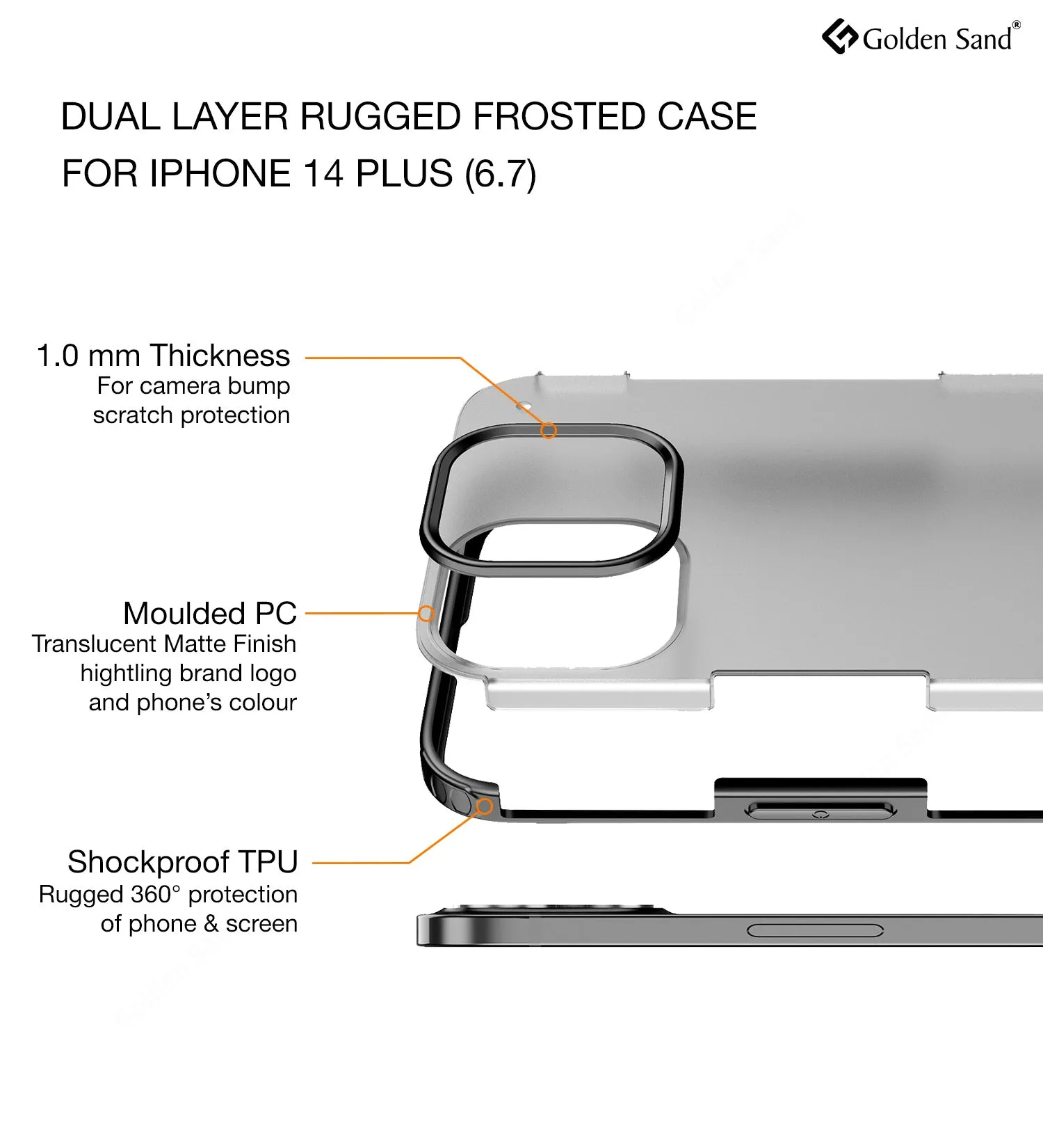 Rugged Frosted Semi Transparent PC Shock Proof Slim Back Cover for Apple iPhone 14 Plus, 6.7 inch, Black