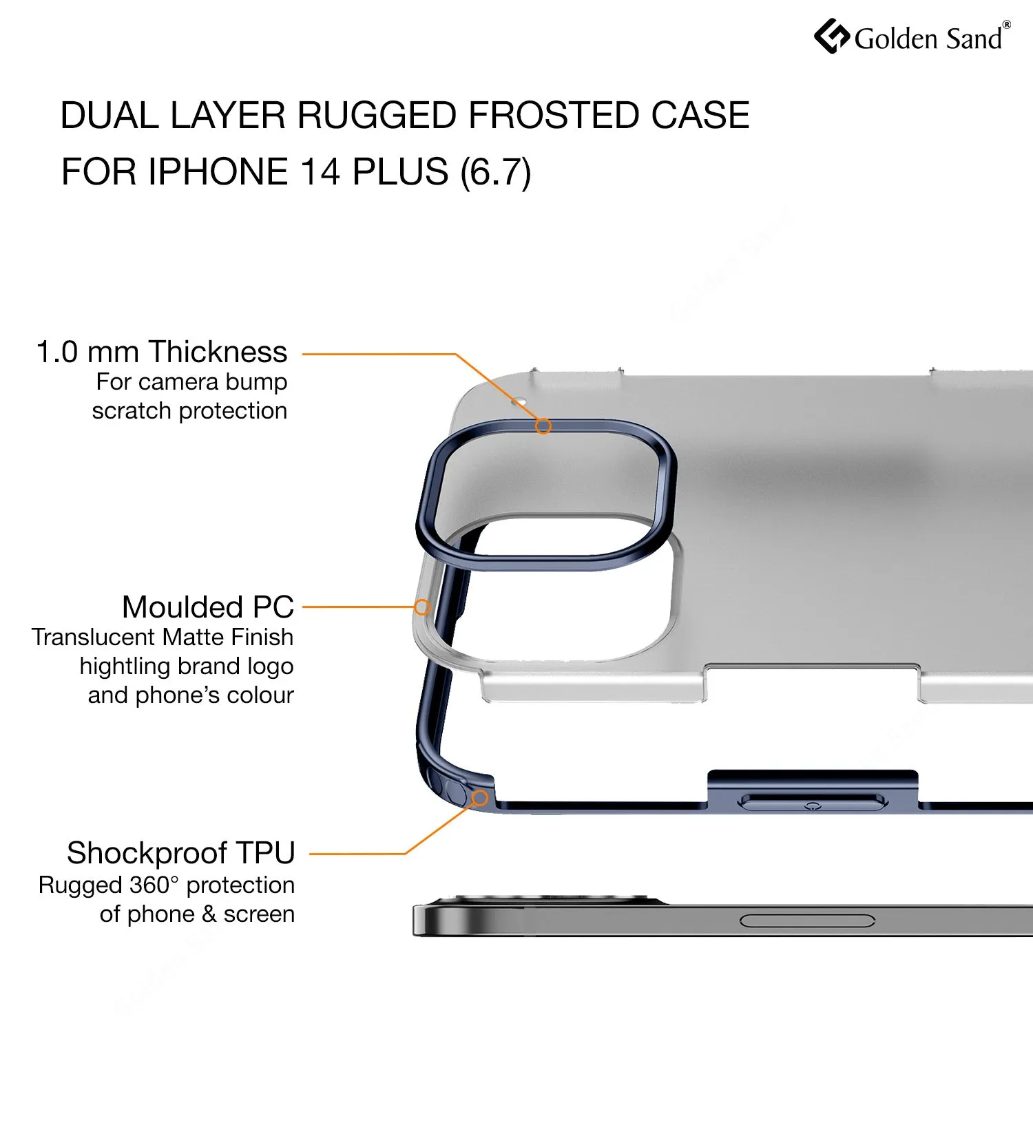 Rugged Frosted Semi Transparent PC Shock Proof Slim Back Cover for Apple iPhone 14 Plus, 6.7 inch, Blue