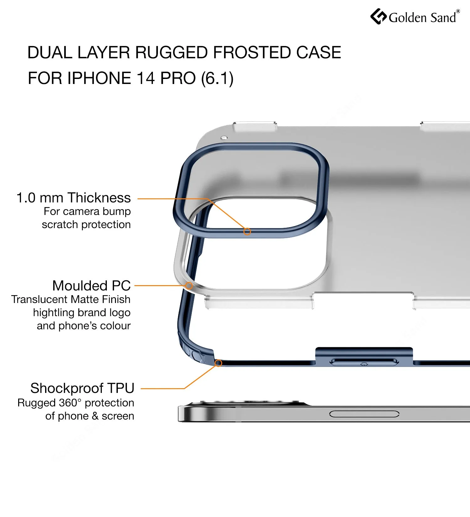 Rugged Frosted Semi Transparent PC Shock Proof Slim Back Cover for Apple iPhone 14 Pro, 6.1 inch, Blue
