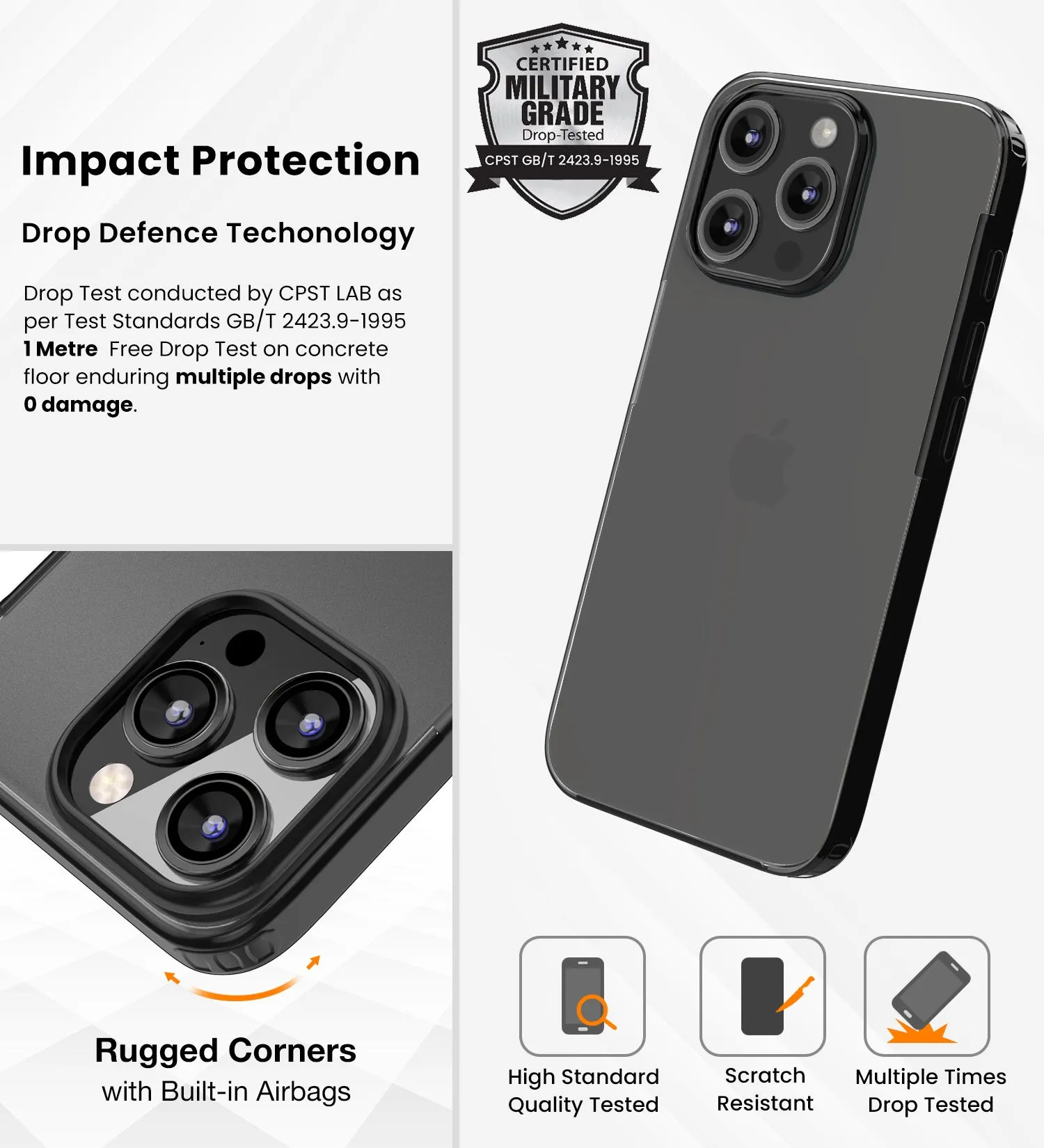 Rugged Frosted Semi Transparent PC Shock Proof Slim Back Cover for Apple iPhone 15 Pro Max, 6.7 inch, Black