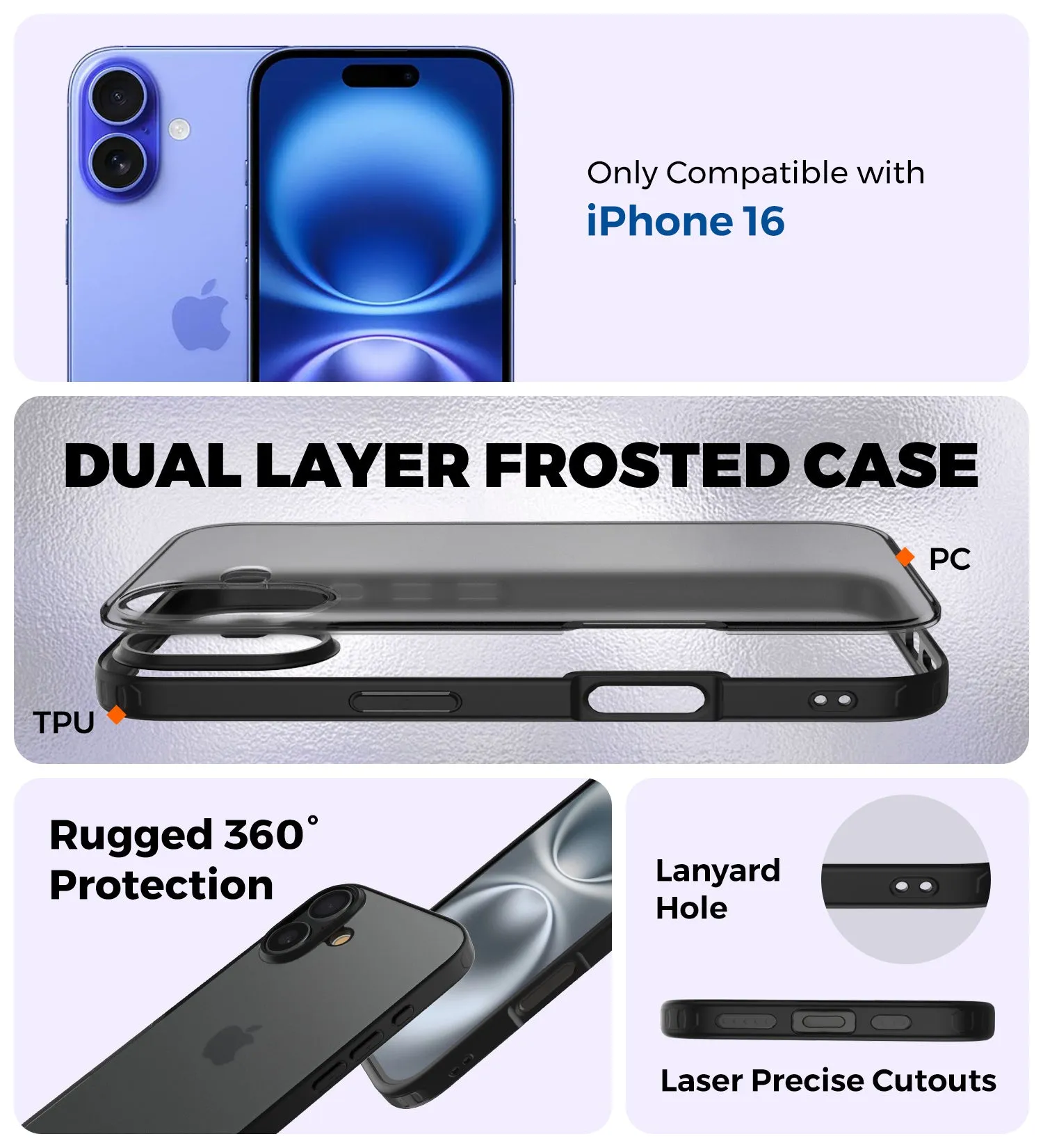 Rugged Frosted Semi Transparent PC Shock Proof Slim Back Cover for Apple iPhone 16, 6.1 inch, Black