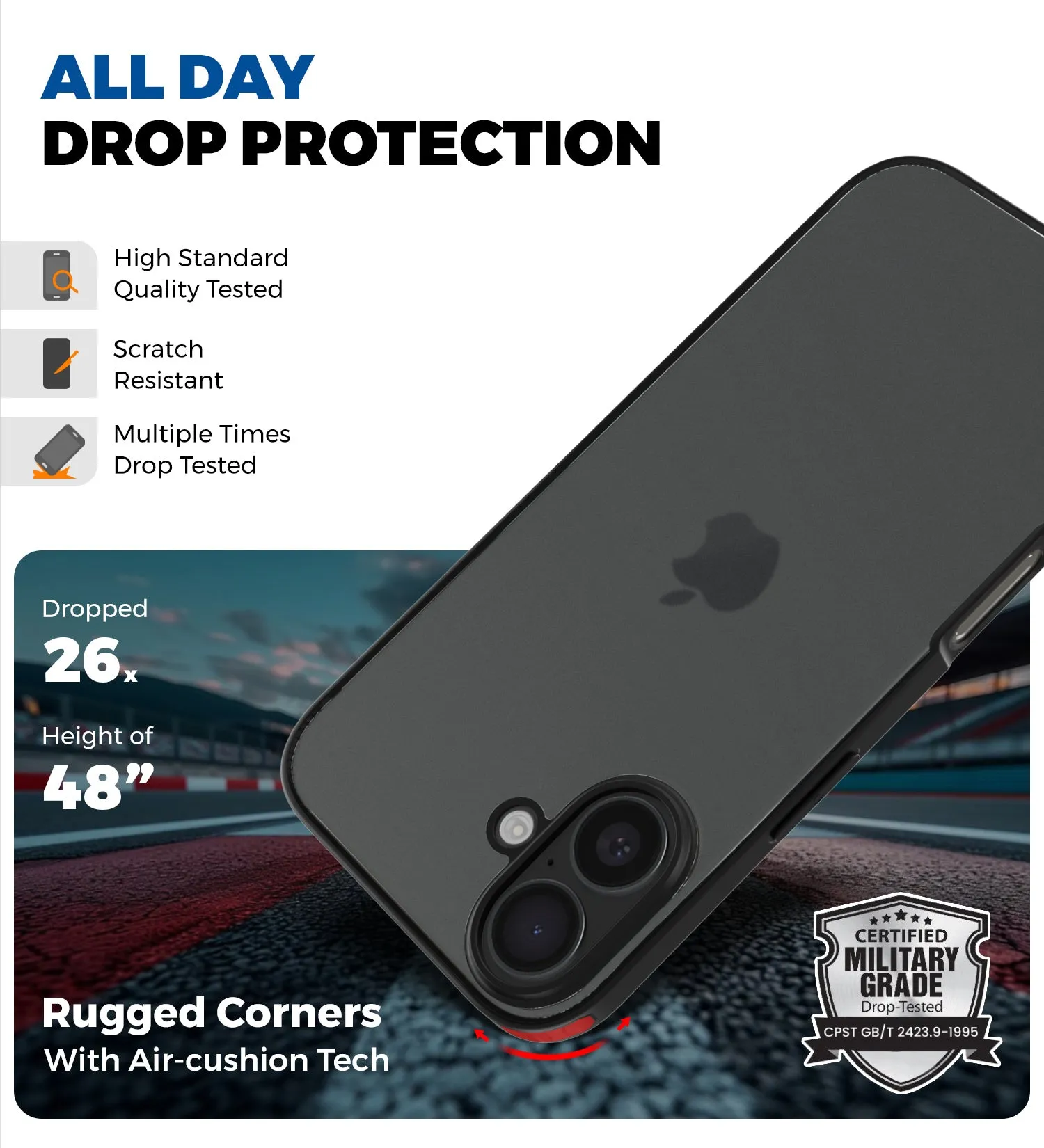 Rugged Frosted Semi Transparent PC Shock Proof Slim Back Cover for Apple iPhone 16 Plus, 6.7 inch, Black