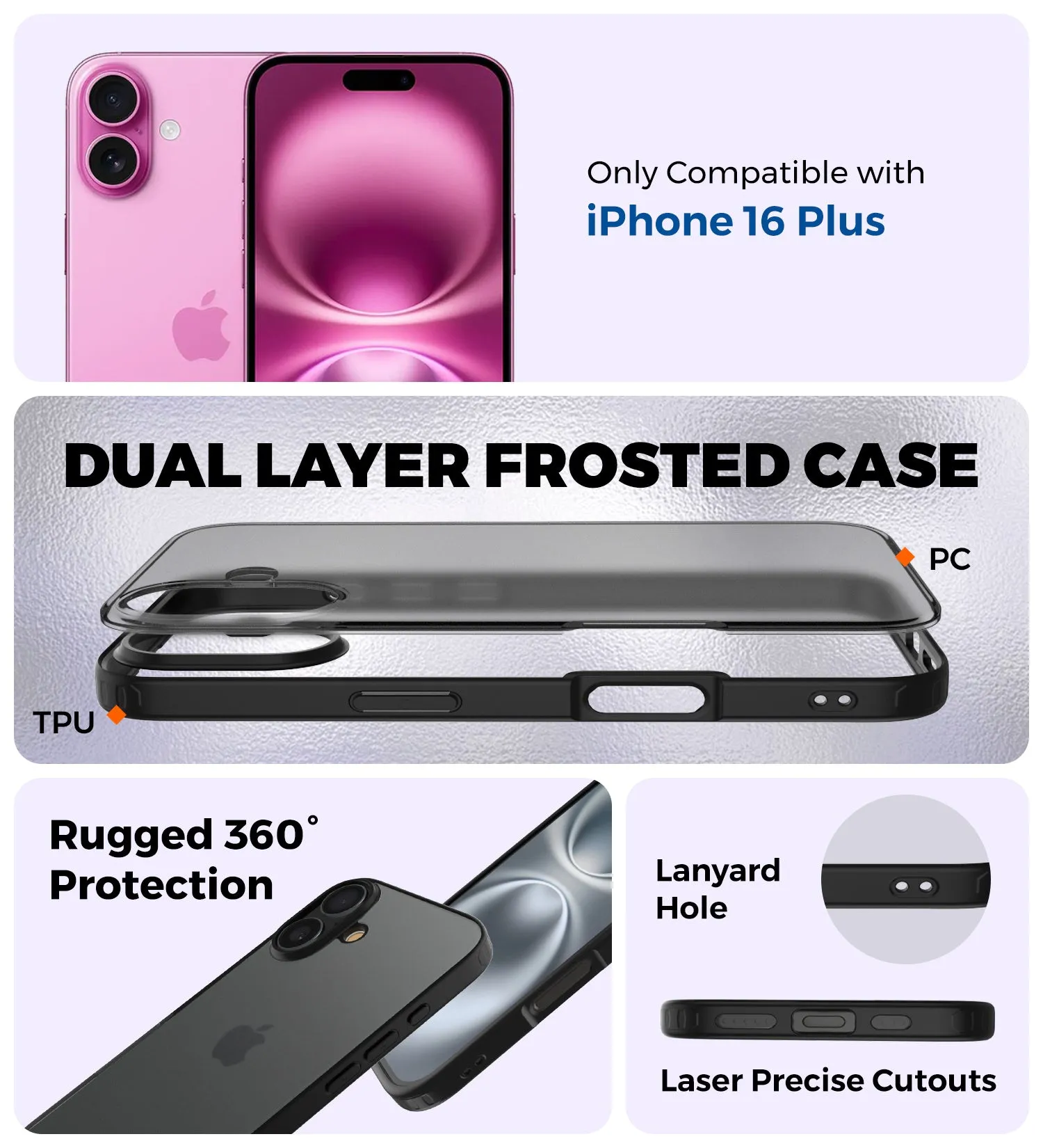 Rugged Frosted Semi Transparent PC Shock Proof Slim Back Cover for Apple iPhone 16 Plus, 6.7 inch, Black