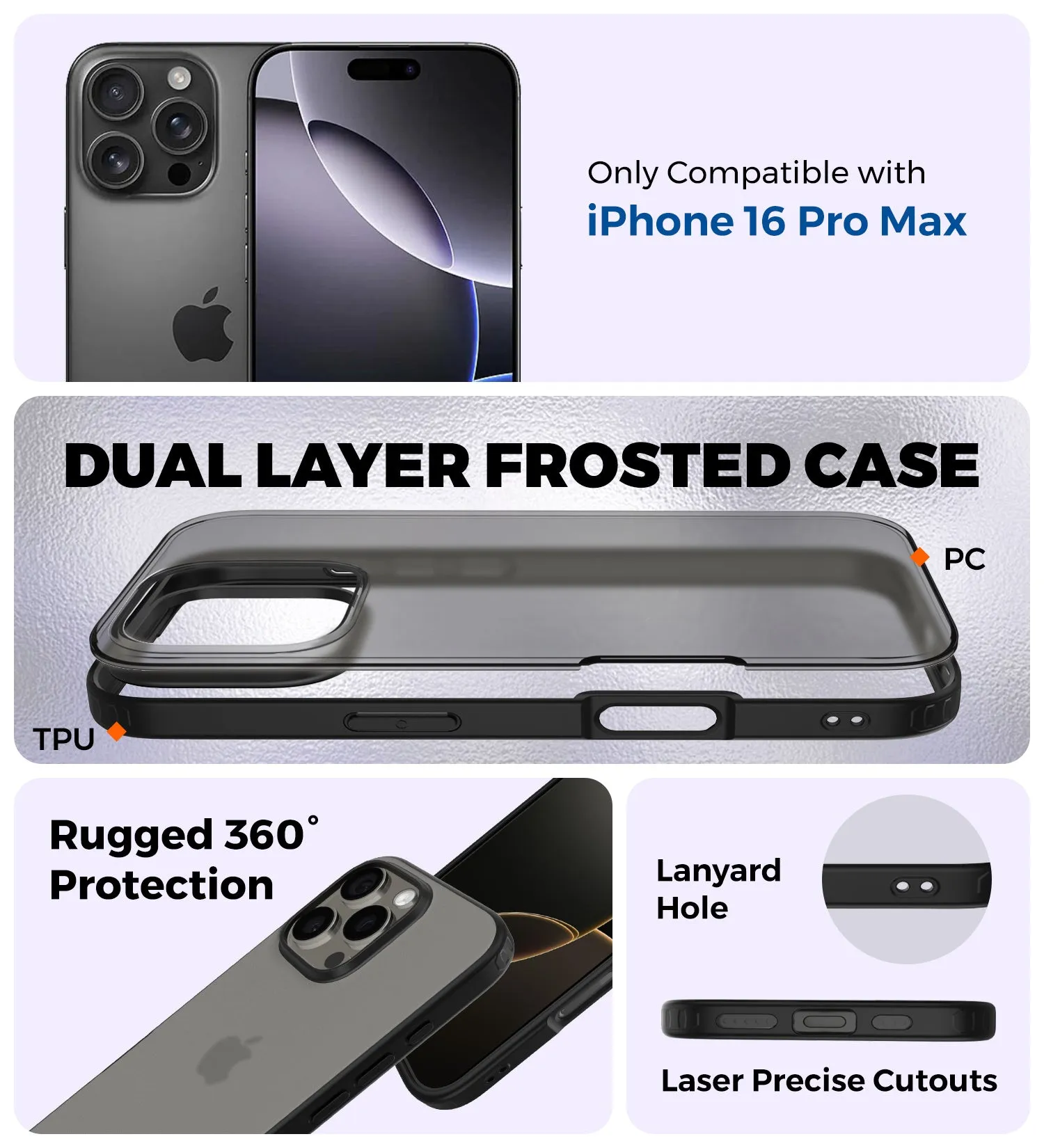 Rugged Frosted Semi Transparent PC Shock Proof Slim Back Cover for Apple iPhone 16 Pro Max, 6.9 inch, Black