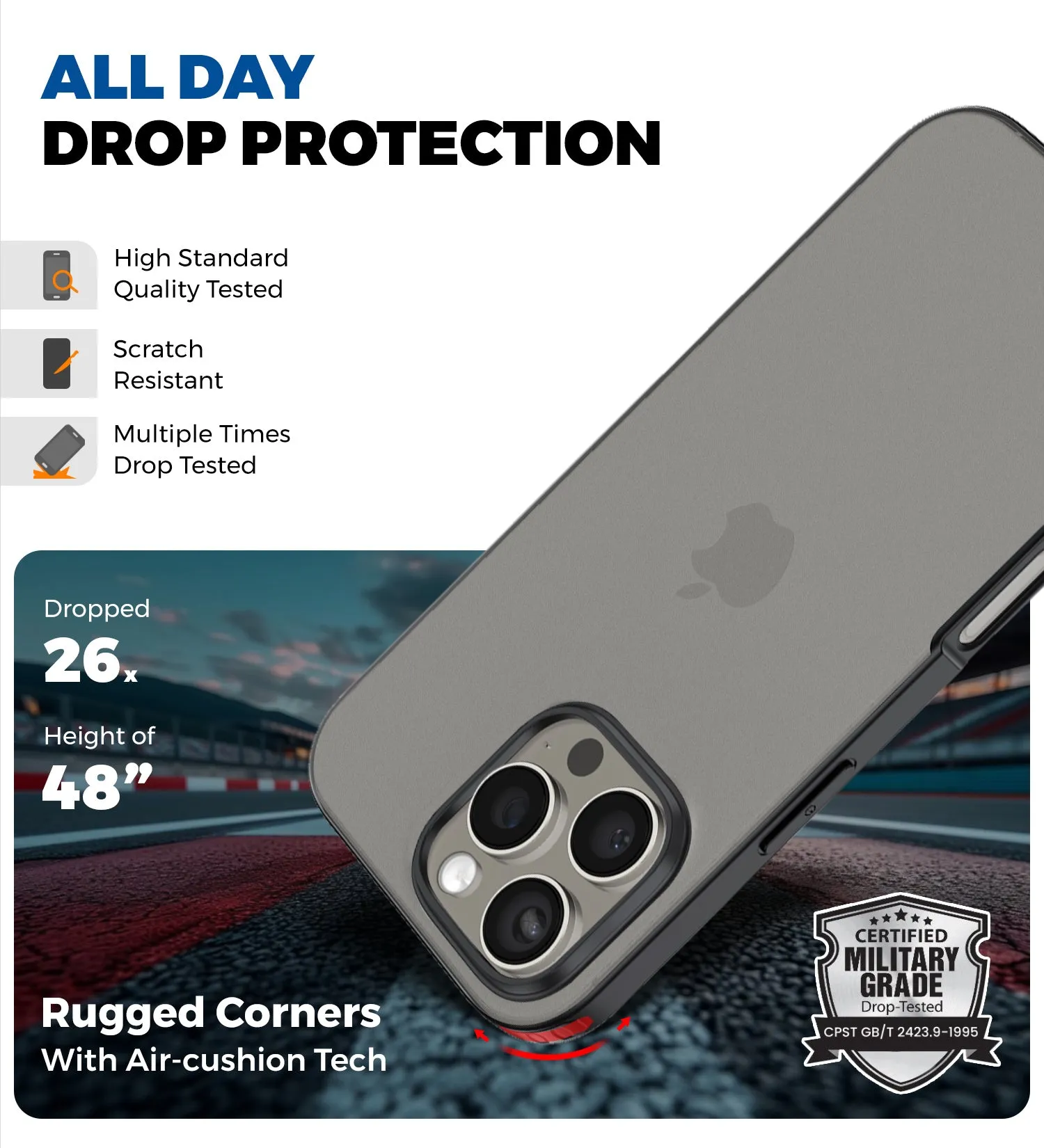 Rugged Frosted Semi Transparent PC Shock Proof Slim Back Cover for Apple iPhone 16 Pro Max, 6.9 inch, Black