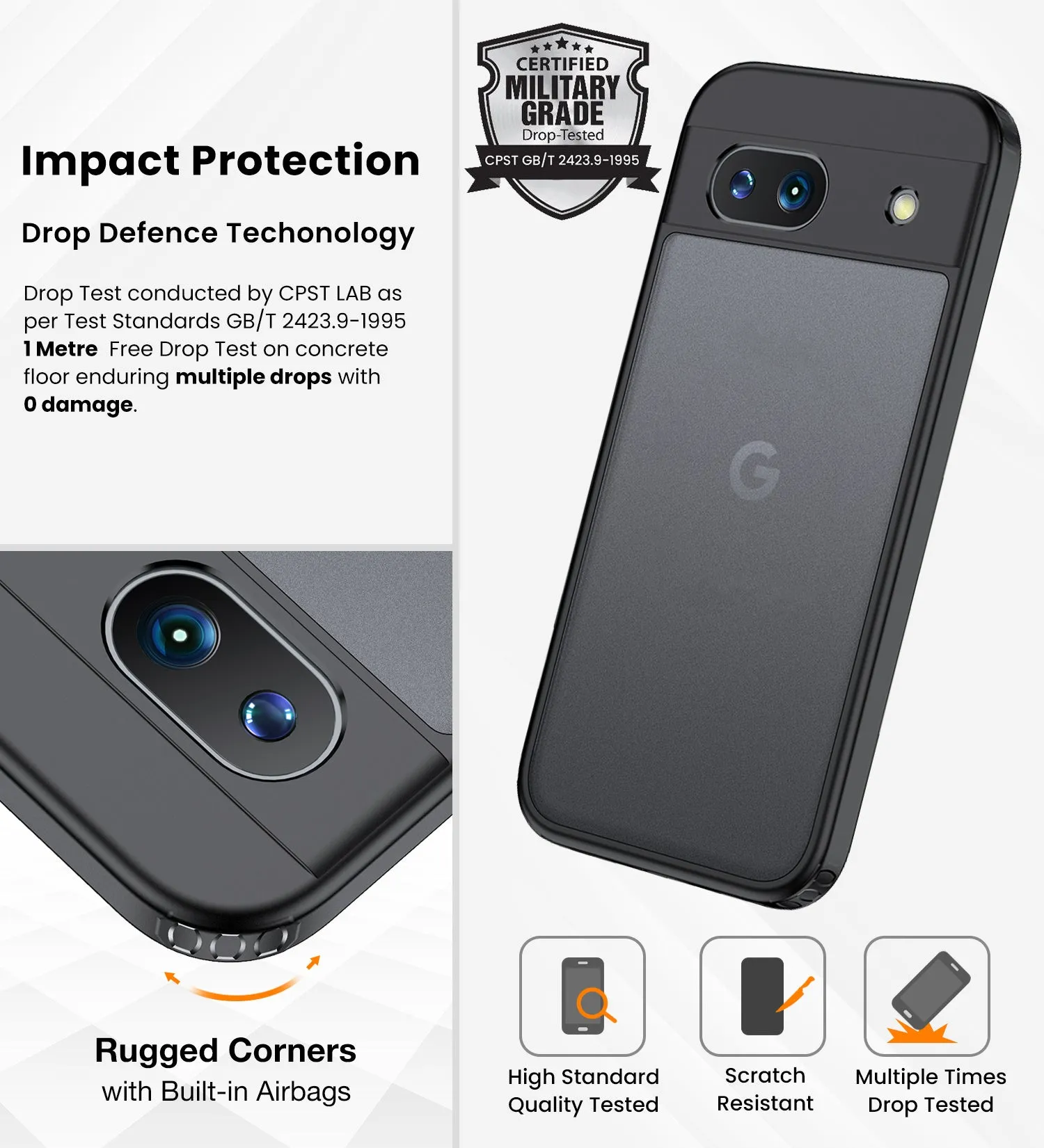 Rugged Frosted Semi Transparent PC Shock Proof Slim Back Cover for Google Pixel 8A 5G, 6.1 inch, Black