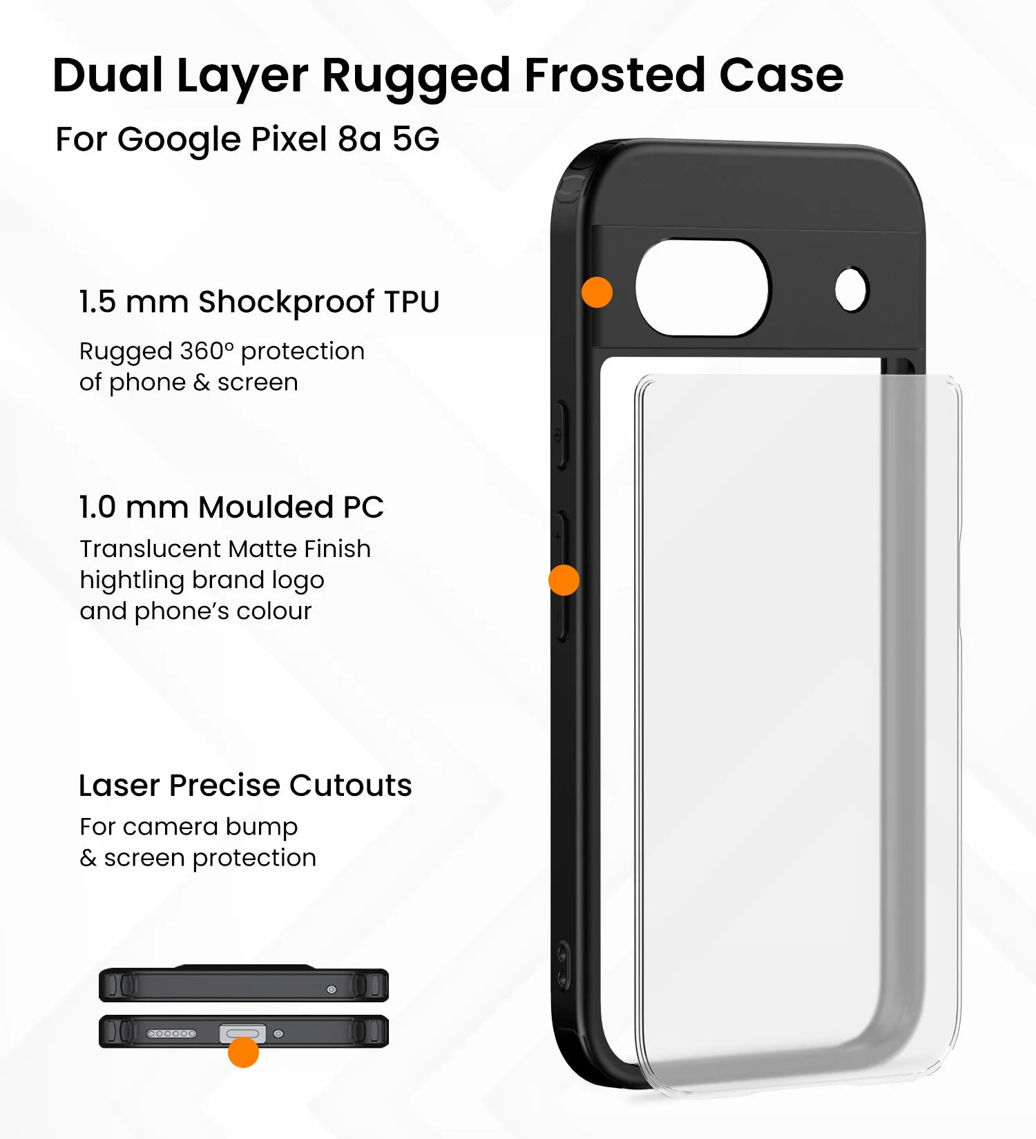 Rugged Frosted Semi Transparent PC Shock Proof Slim Back Cover for Google Pixel 8A 5G, 6.1 inch, Black