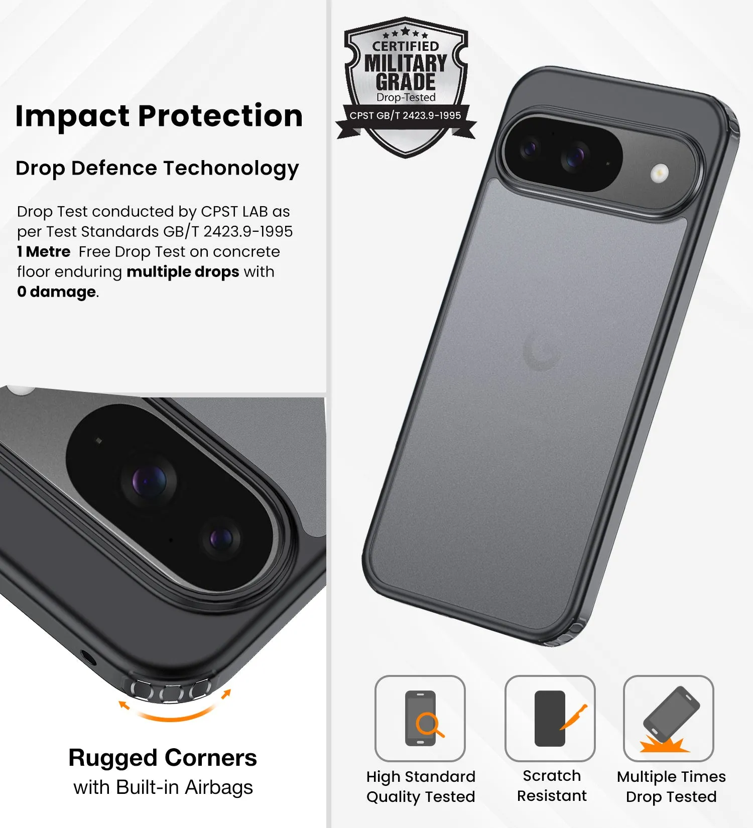 Rugged Frosted Semi Transparent PC Shock Proof Slim Back Cover for Google Pixel 9 5G, Google Pixel 9 Pro 5G, 6.3 inch, Black