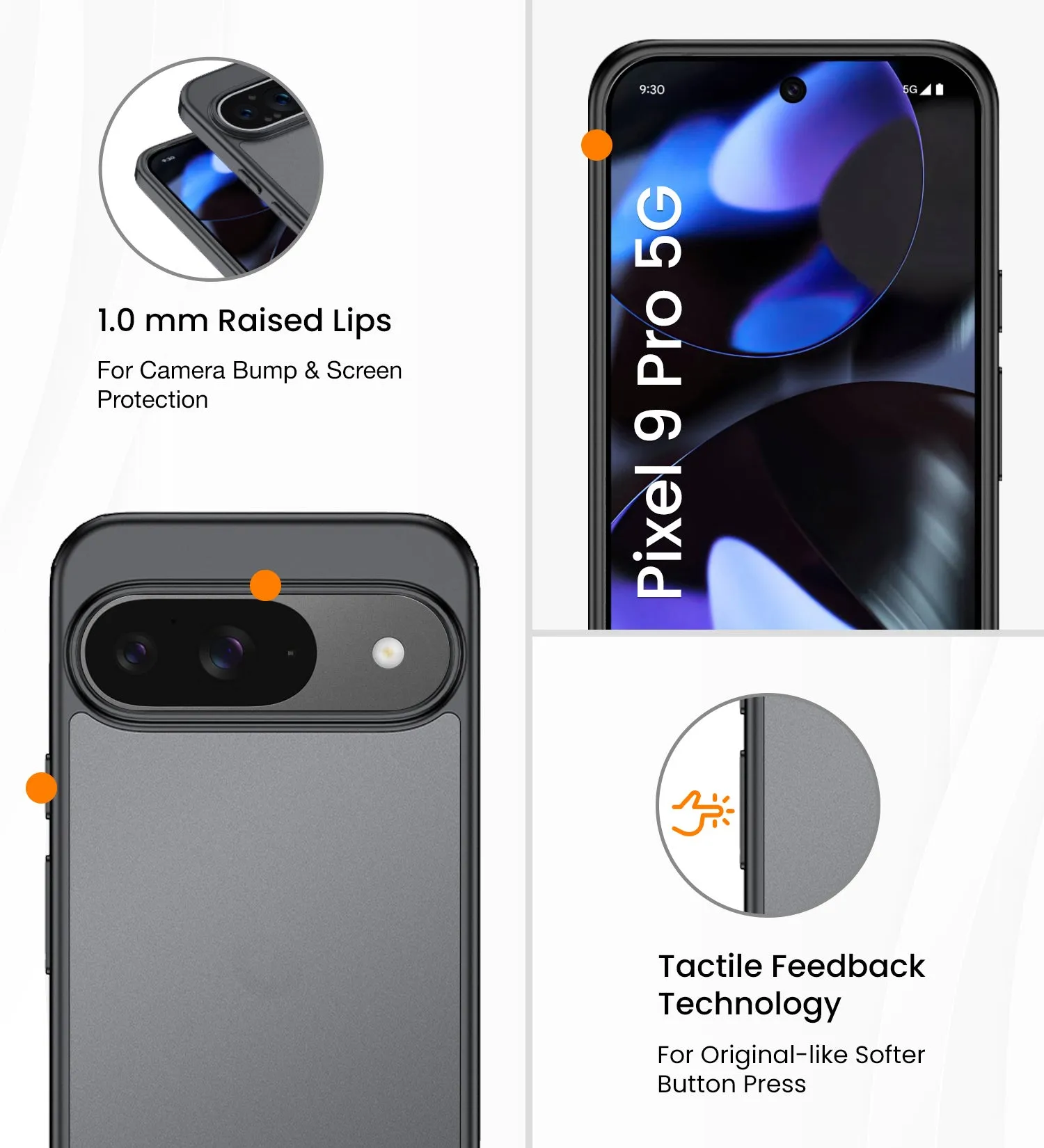 Rugged Frosted Semi Transparent PC Shock Proof Slim Back Cover for Google Pixel 9 5G, Google Pixel 9 Pro 5G, 6.3 inch, Black