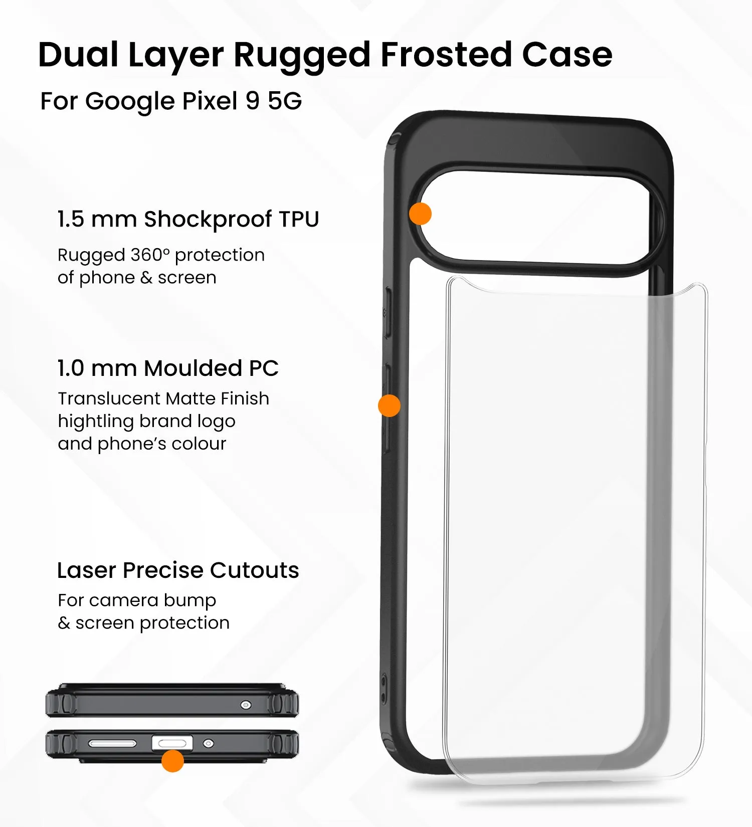 Rugged Frosted Semi Transparent PC Shock Proof Slim Back Cover for Google Pixel 9 5G, Google Pixel 9 Pro 5G, 6.3 inch, Black