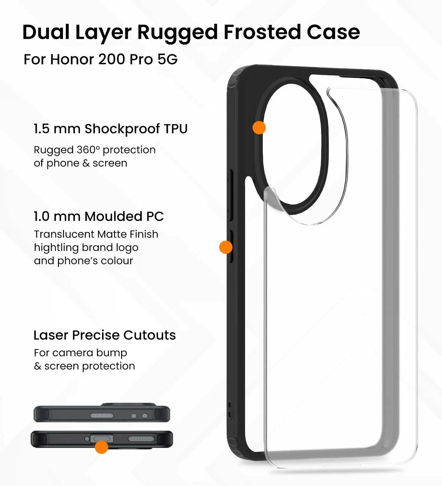 Rugged Frosted Semi Transparent PC Shock Proof Slim Back Cover for Honor 200 Pro 5G, 6.78 inch, Black