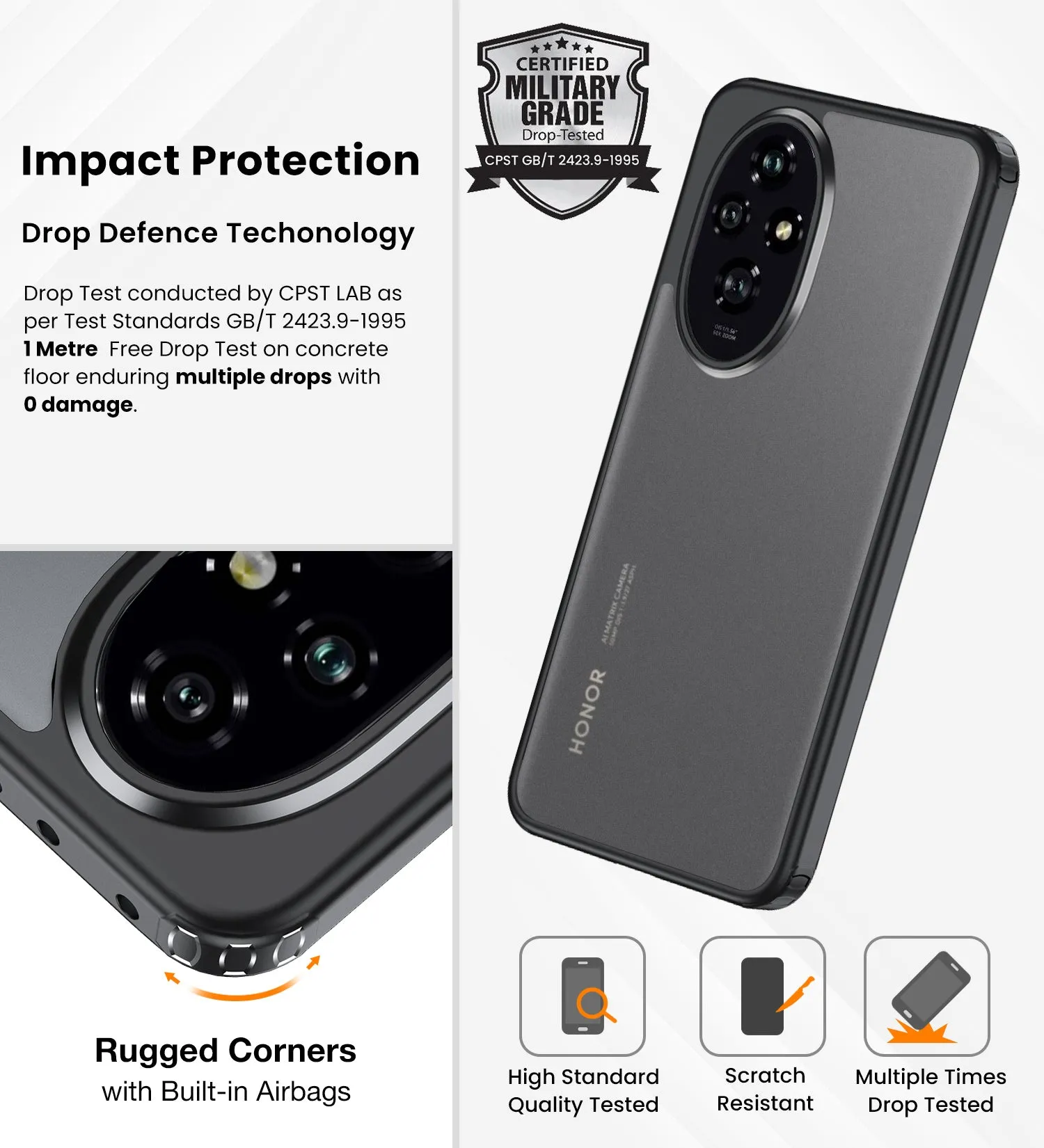 Rugged Frosted Semi Transparent PC Shock Proof Slim Back Cover for Honor 200 Pro 5G, 6.78 inch, Black