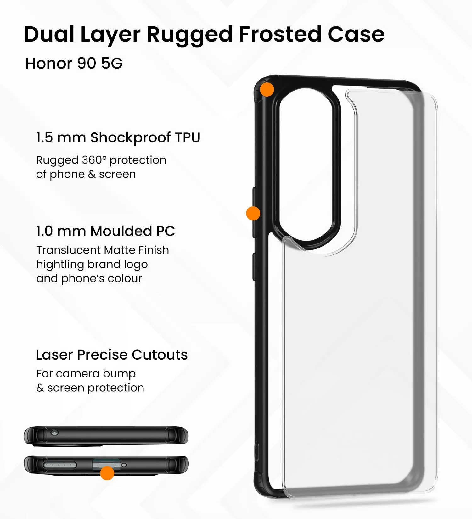 Rugged Frosted Semi Transparent PC Shock Proof Slim Back Cover for HONOR 90 5G, 6.7 inch, Black