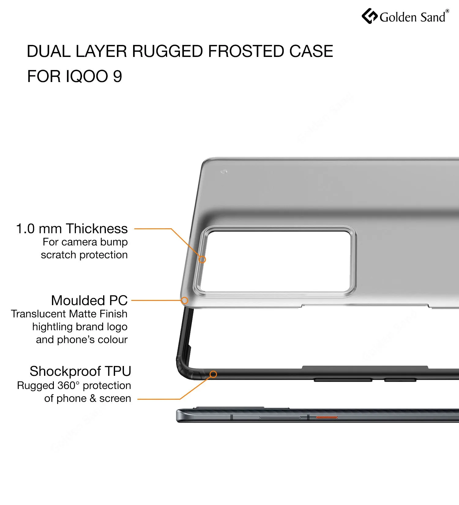 Rugged Frosted Semi Transparent PC Shock Proof Slim Back Cover for iQOO 9 5G, 6.56 inch, Black