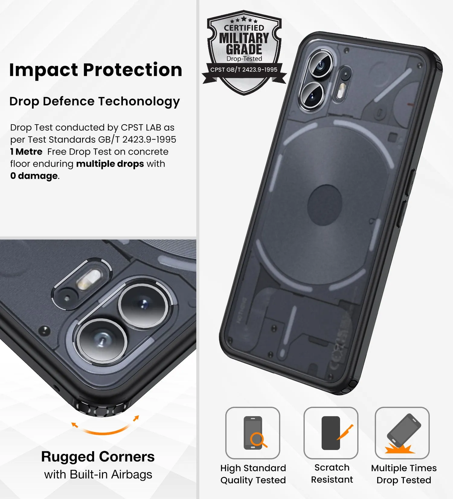 Rugged Frosted Semi Transparent PC Shock Proof Slim Back Cover for Nothing Phone (2), 6.7 inch, Black