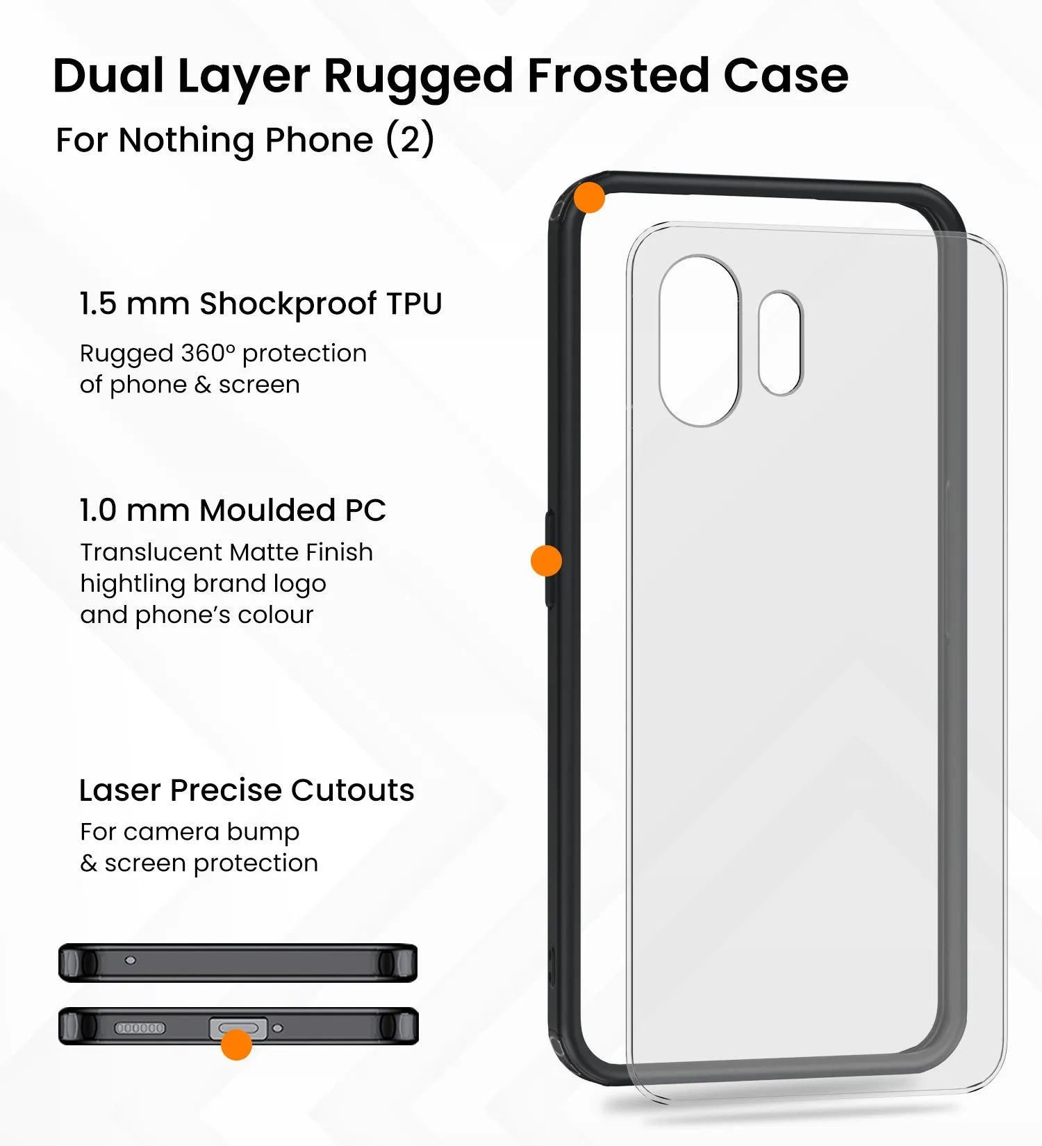 Rugged Frosted Semi Transparent PC Shock Proof Slim Back Cover for Nothing Phone (2), 6.7 inch, Black
