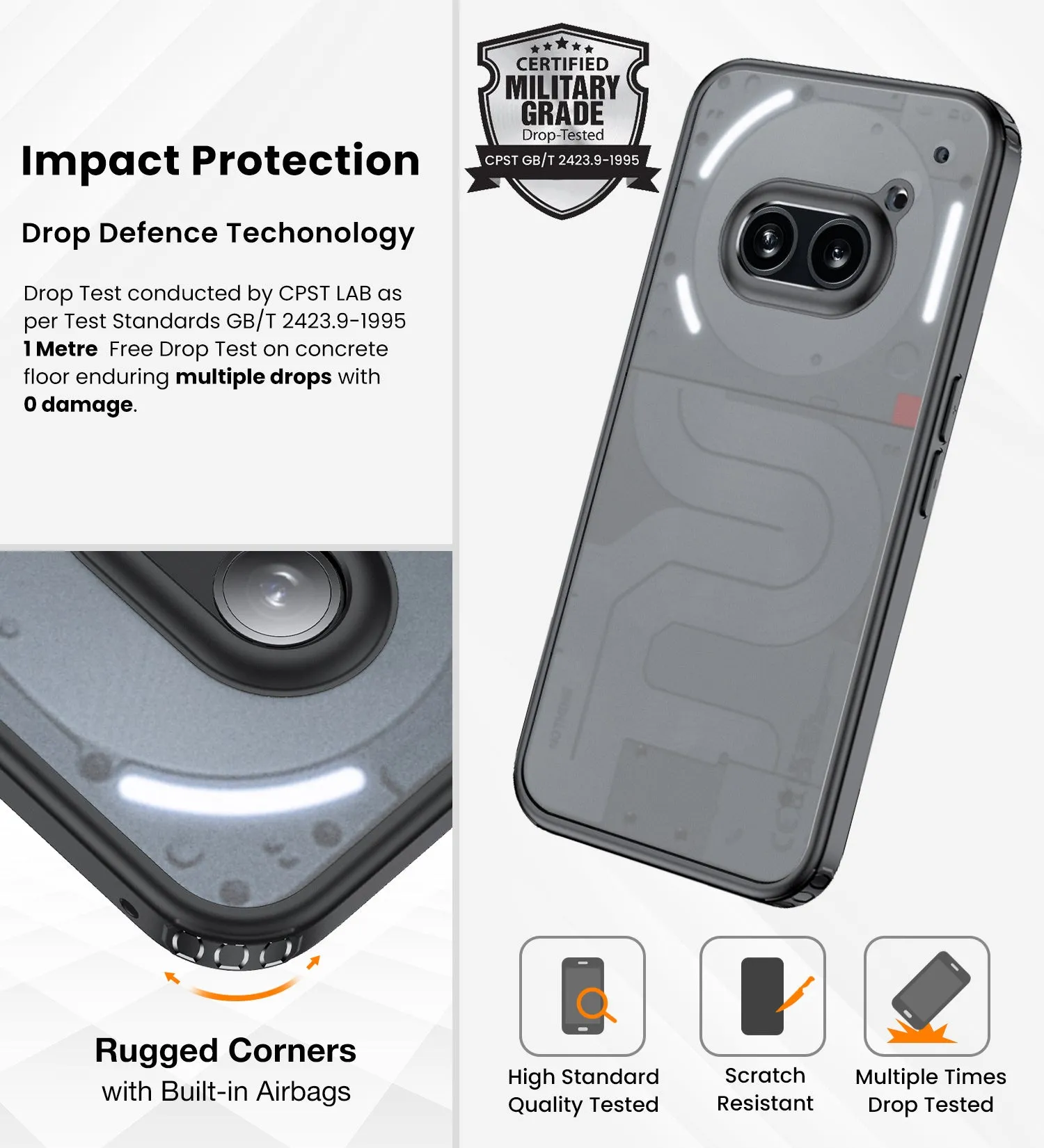 Rugged Frosted Semi Transparent PC Shock Proof Slim Back Cover for Nothing Phone (2a) Plus 5G, Nothing Phone (2a) 5G, 6.7 inch, Black