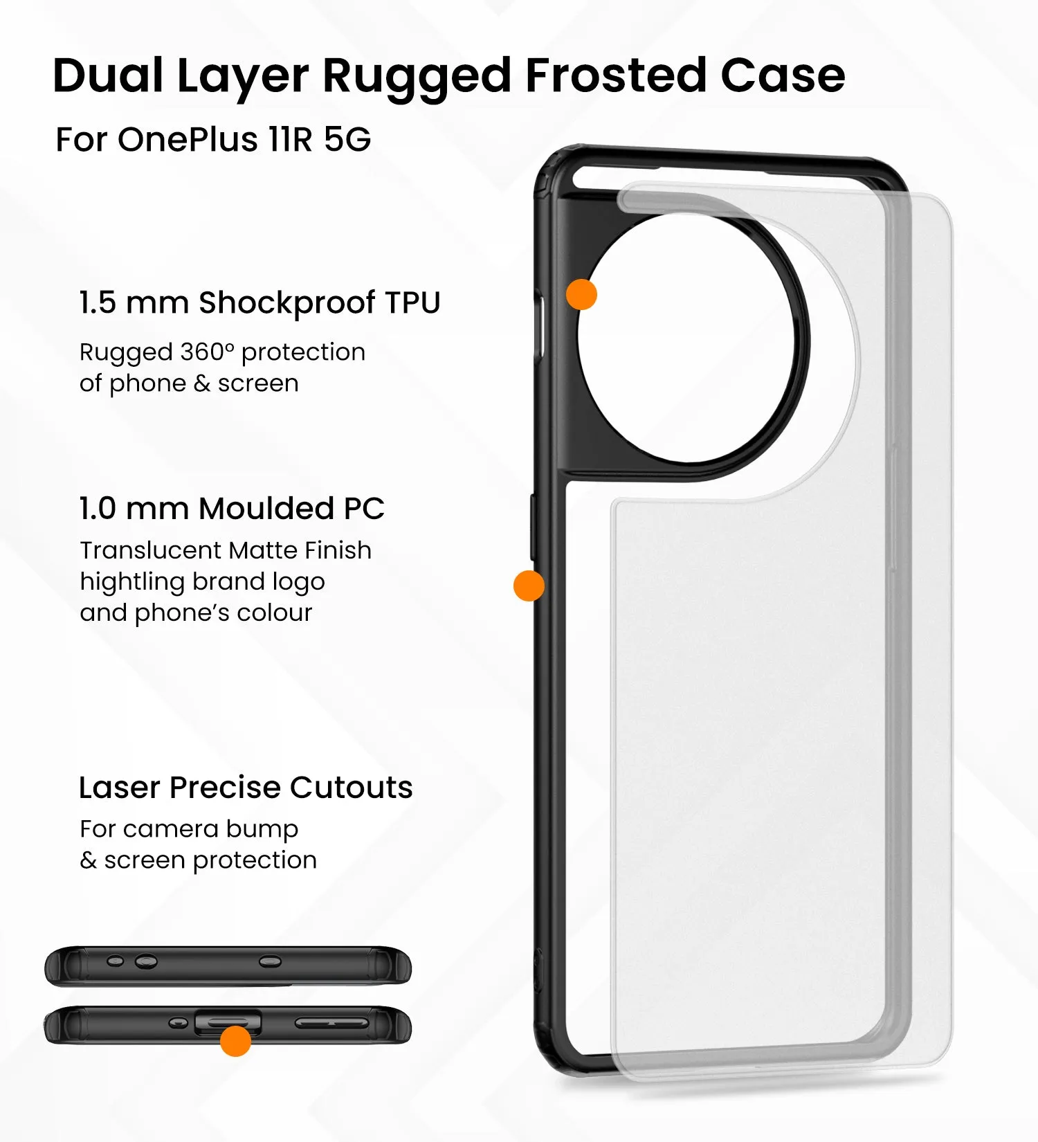Rugged Frosted Semi Transparent PC Shock Proof Slim Back Cover for OnePlus 11R 5G, 6.74 inch, Black