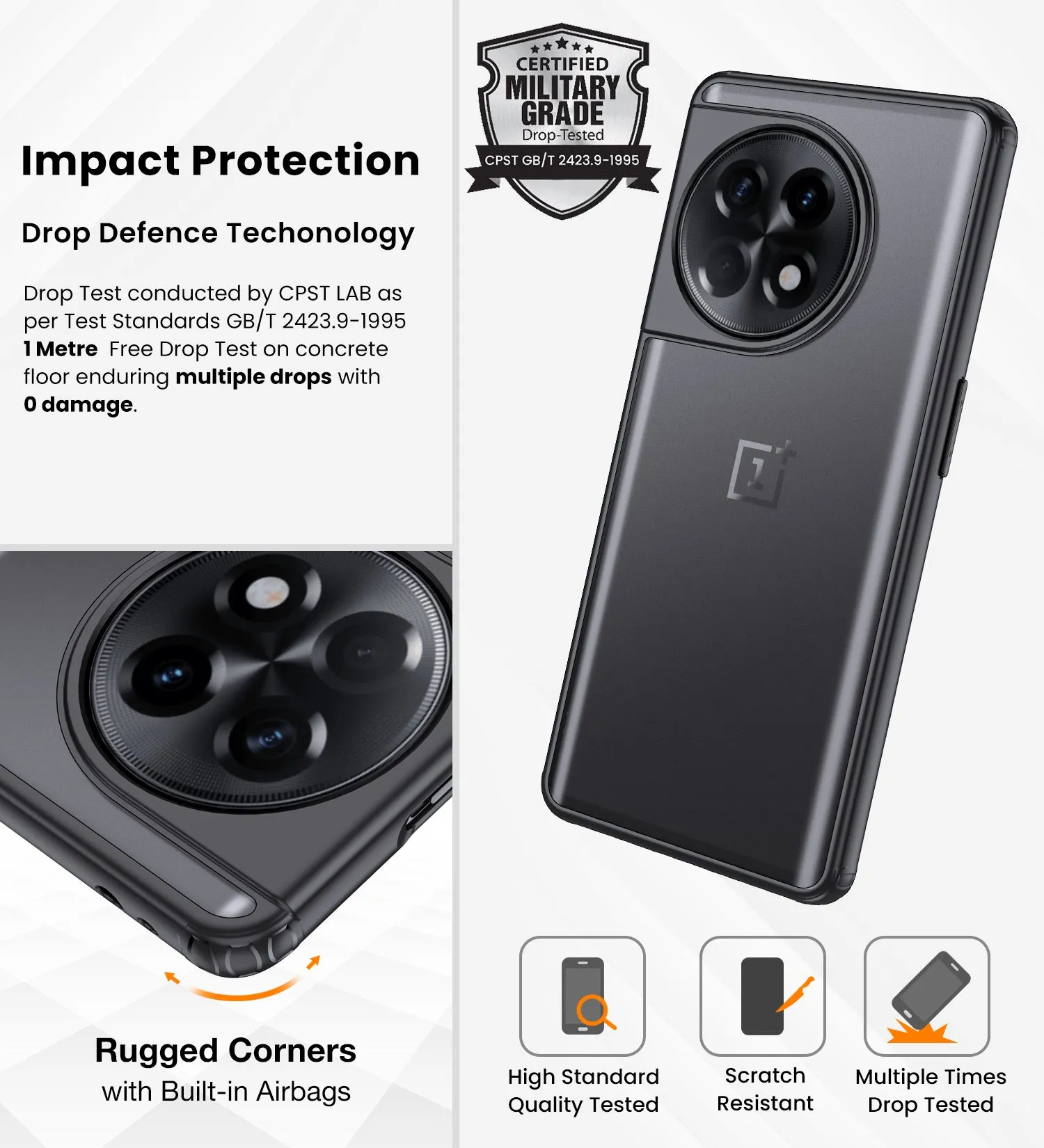 Rugged Frosted Semi Transparent PC Shock Proof Slim Back Cover for OnePlus 11R 5G, 6.74 inch, Black