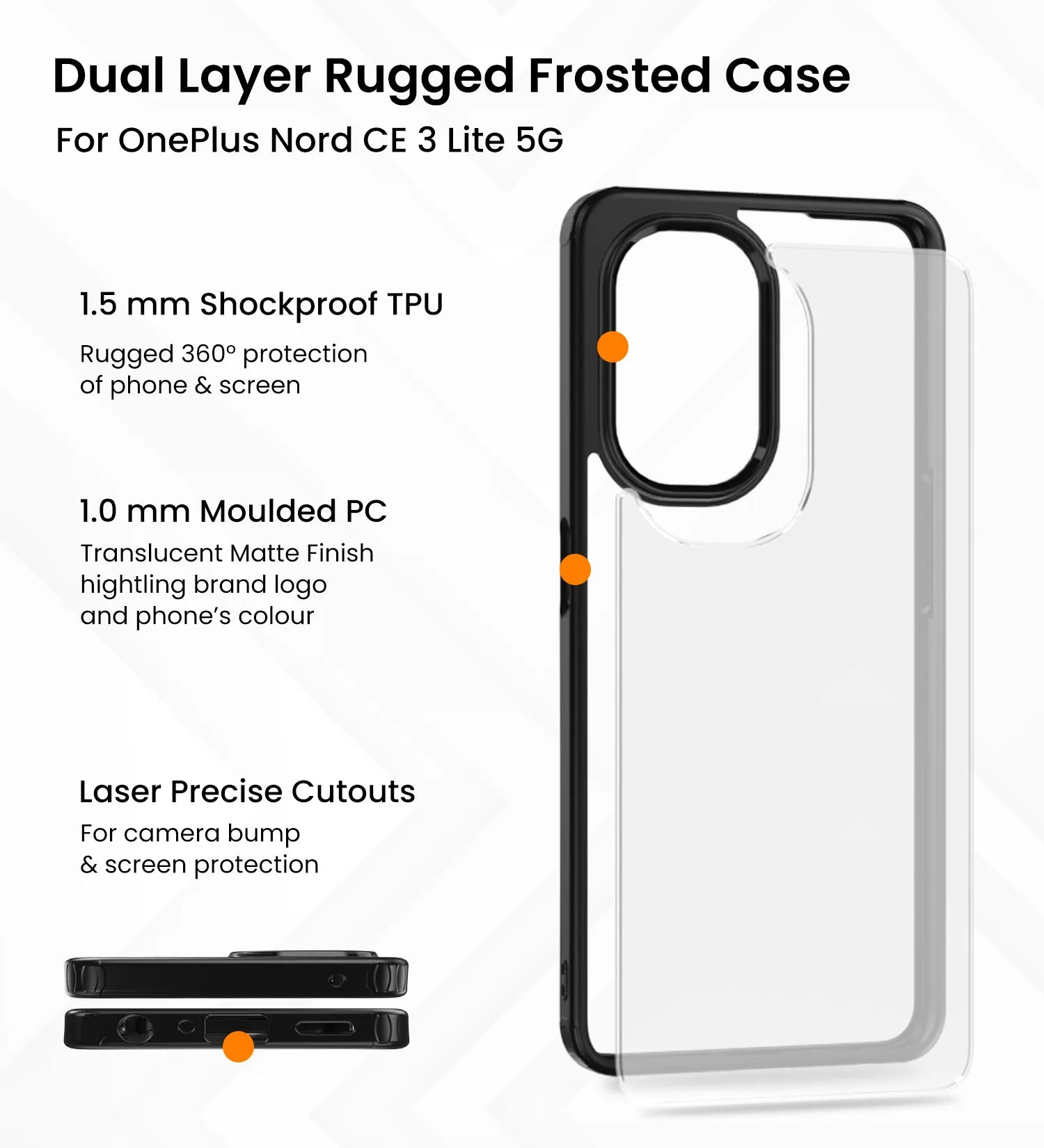 Rugged Frosted Semi Transparent PC Shock Proof Slim Back Cover for OnePlus Nord CE 3 Lite 5G, 6.72 inch, Black