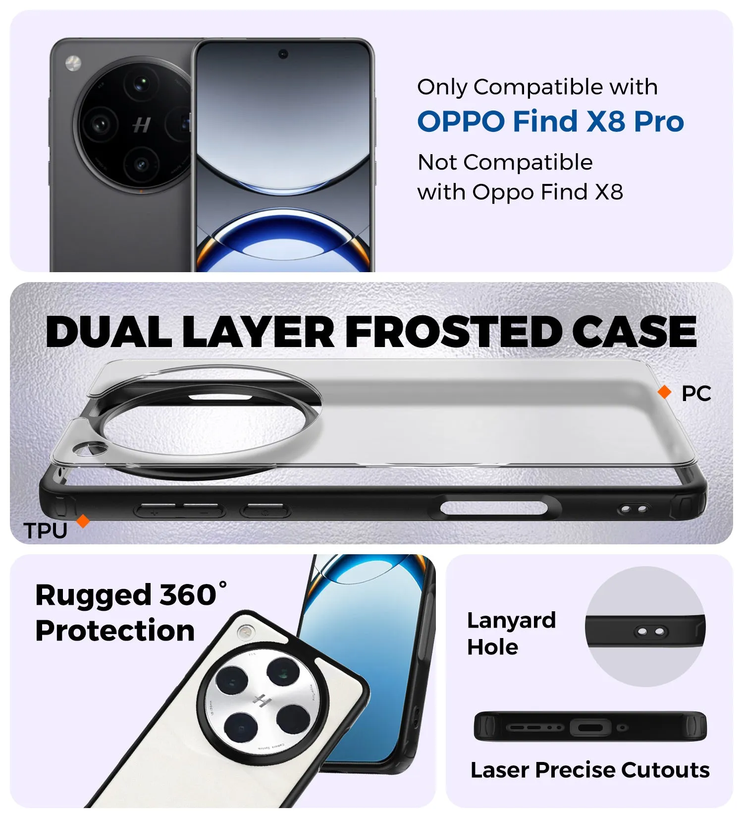 Rugged Frosted Semi Transparent PC Shock Proof Slim Back Cover for Oppo Find X8 Pro 5G, 6.78 inch, Black