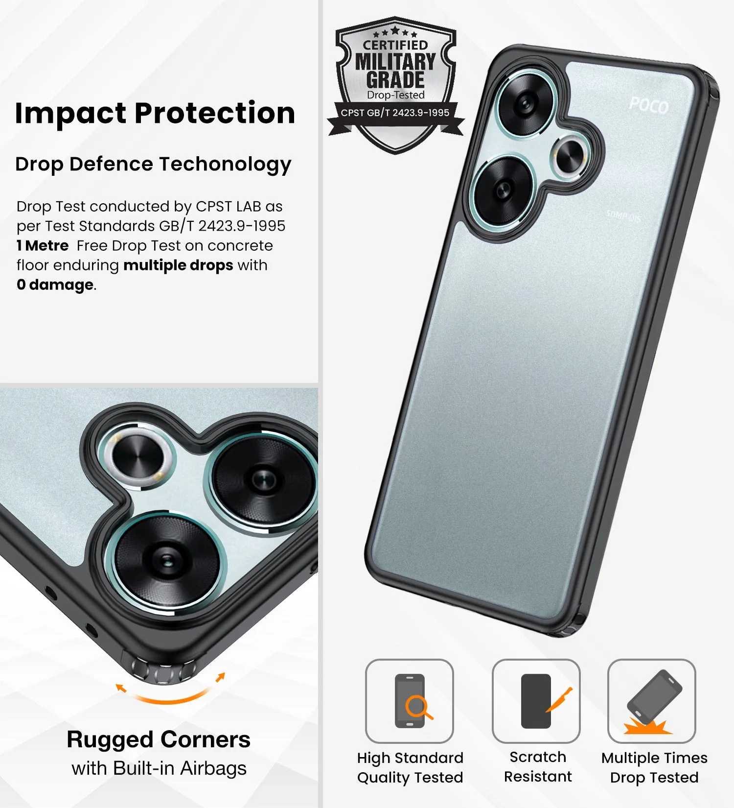 Rugged Frosted Semi Transparent PC Shock Proof Slim Back Cover for POCO F6 5G, 6.67 inch, Black
