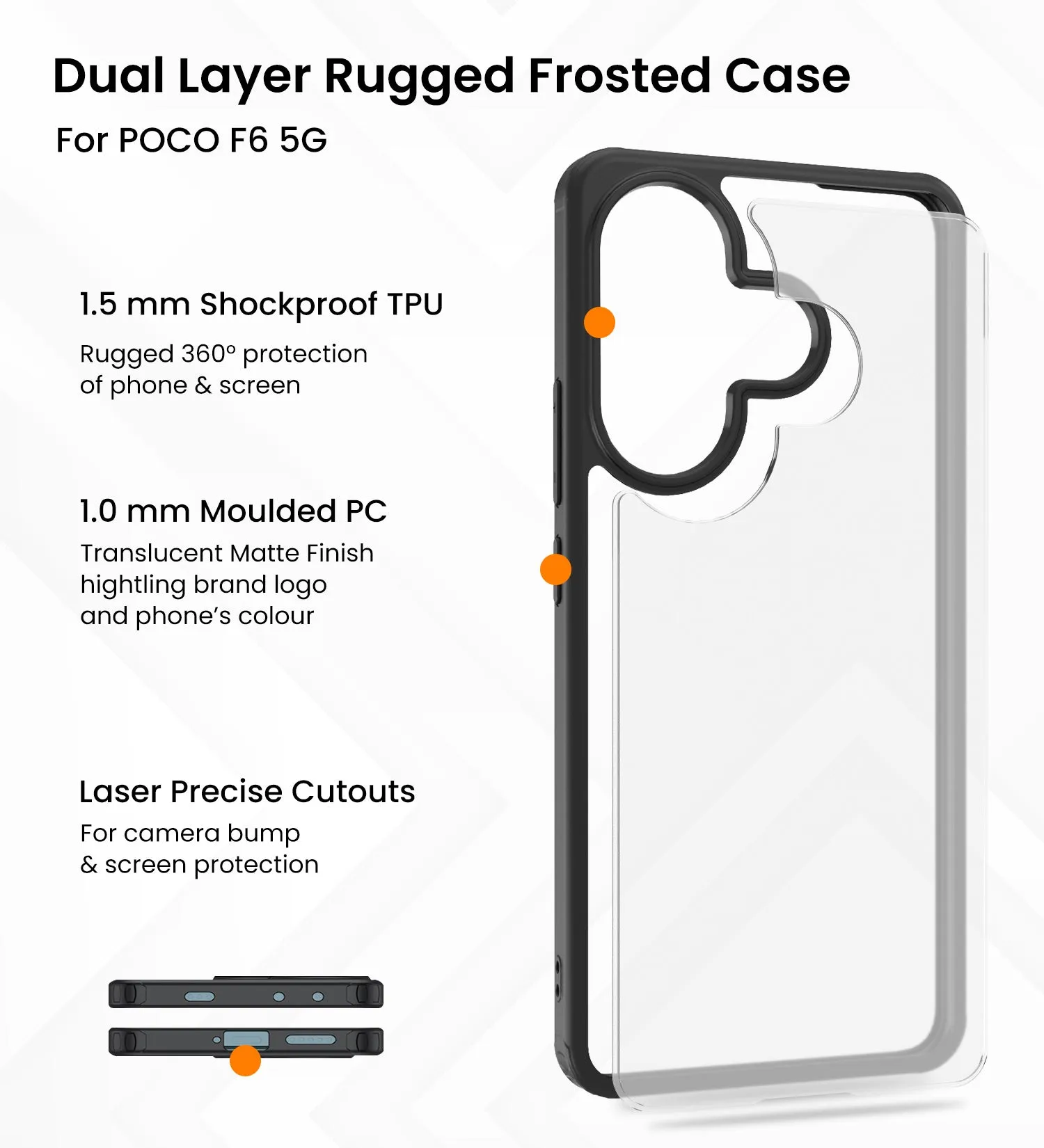 Rugged Frosted Semi Transparent PC Shock Proof Slim Back Cover for POCO F6 5G, 6.67 inch, Black