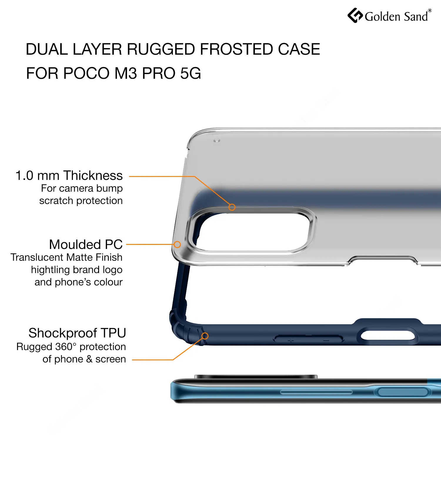 Rugged Frosted Semi Transparent PC Shock Proof Slim Back Cover for Poco M3 Pro 5G, 6.5 inch, Blue