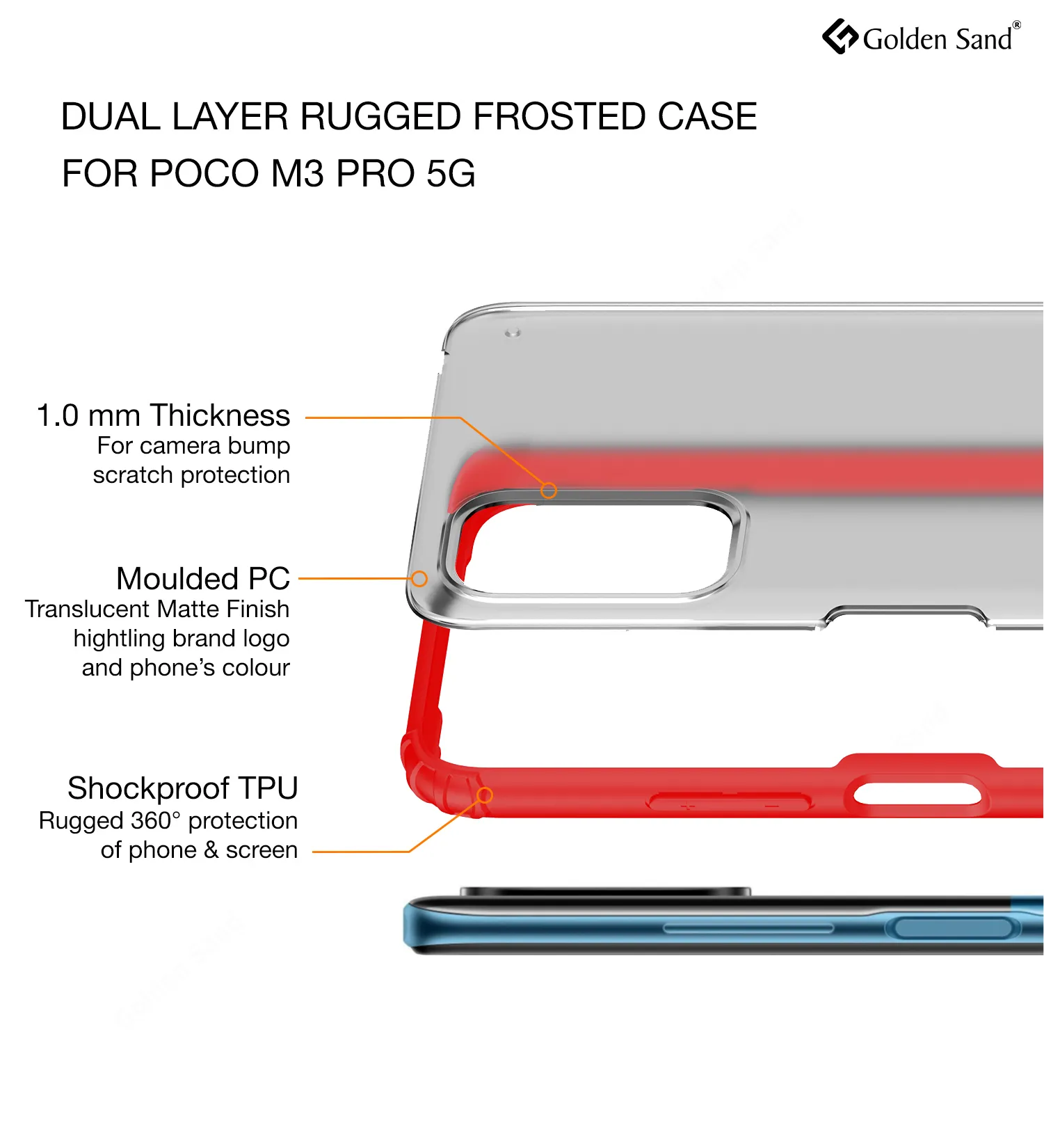 Rugged Frosted Semi Transparent PC Shock Proof Slim Back Cover for Poco M3 Pro 5G, 6.5 inch, Red