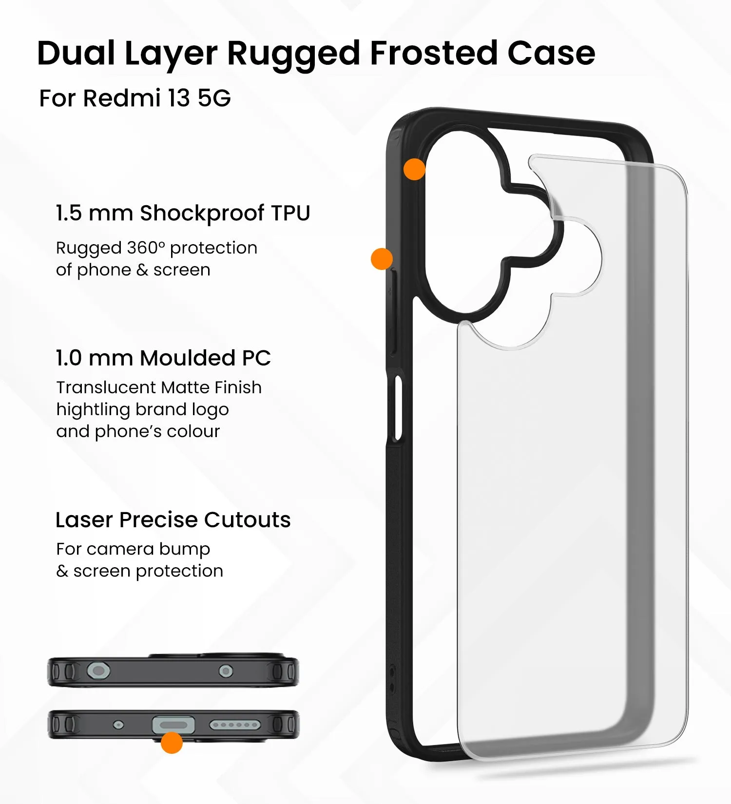 Rugged Frosted Semi Transparent PC Shock Proof Slim Back Cover for Poco M6 Plus 5G, Redmi 13 5G, 6.79 inch, Black