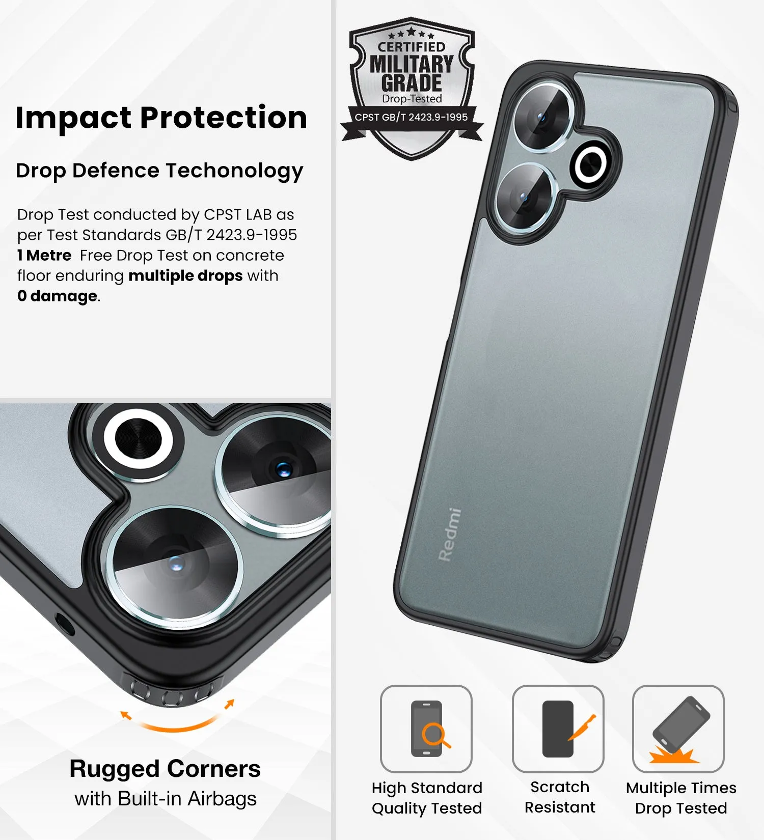 Rugged Frosted Semi Transparent PC Shock Proof Slim Back Cover for Poco M6 Plus 5G, Redmi 13 5G, 6.79 inch, Black