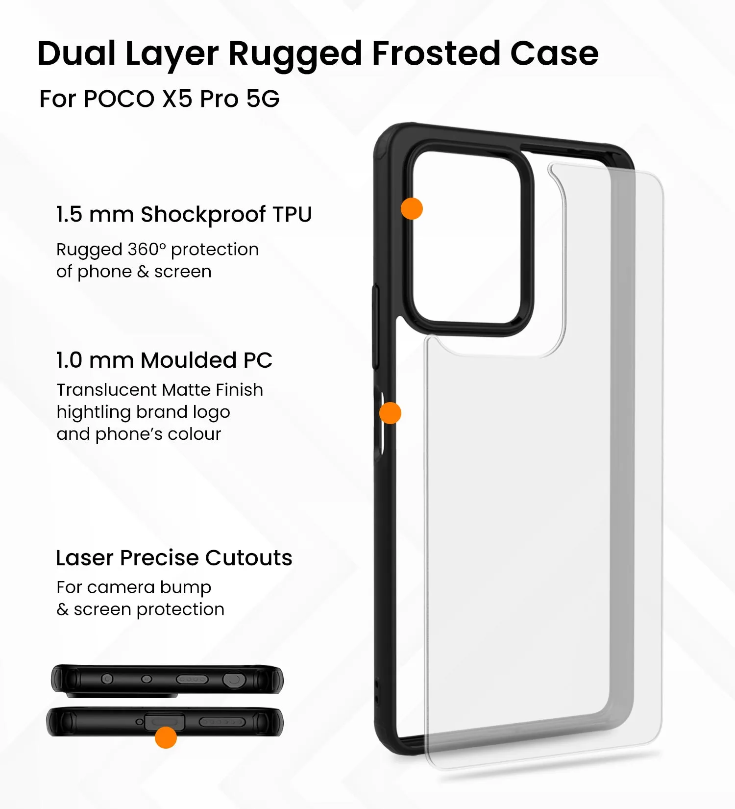 Rugged Frosted Semi Transparent PC Shock Proof Slim Back Cover for POCO X5 Pro 5G, 6.67 inch, Black