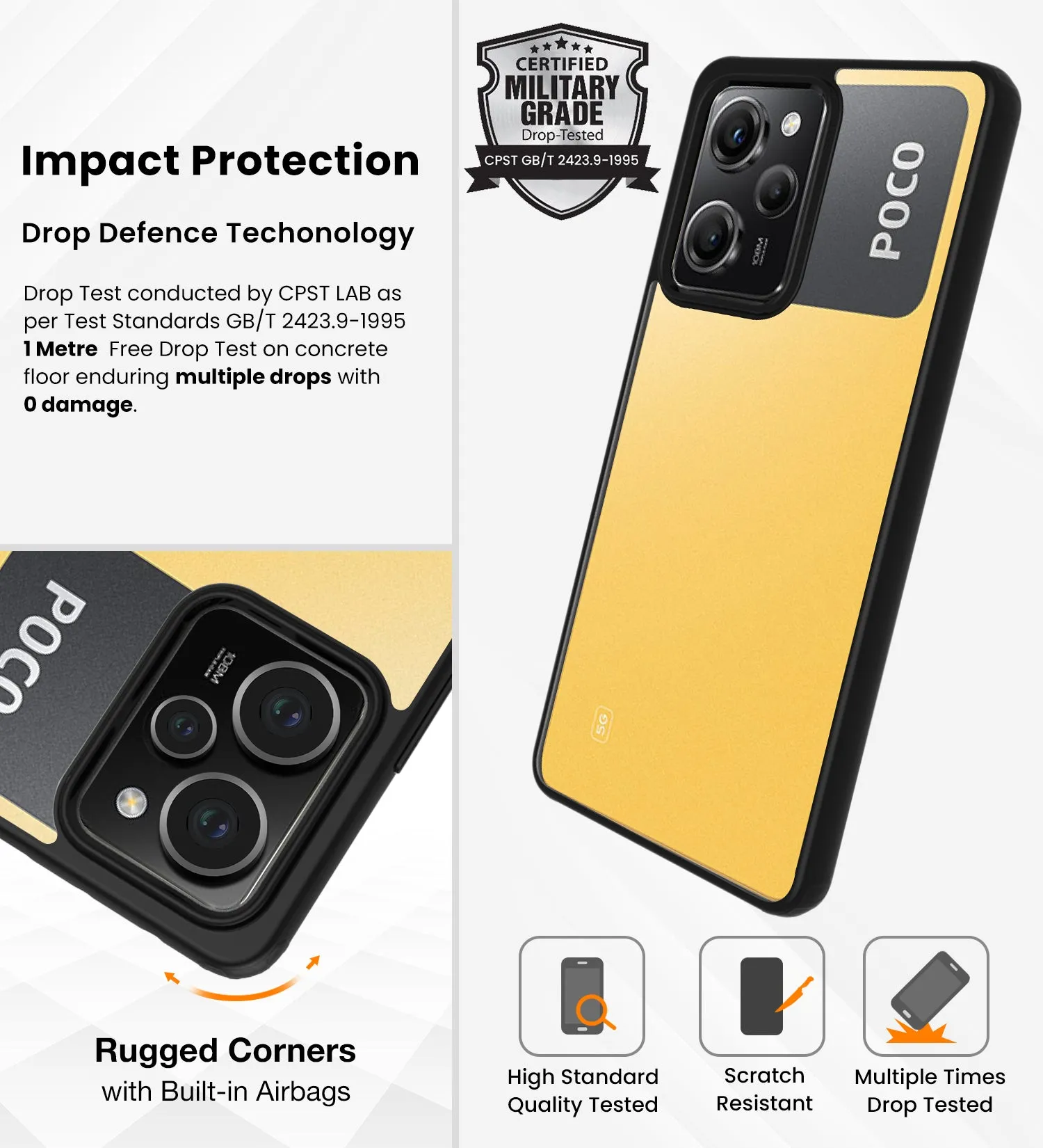 Rugged Frosted Semi Transparent PC Shock Proof Slim Back Cover for POCO X5 Pro 5G, 6.67 inch, Black
