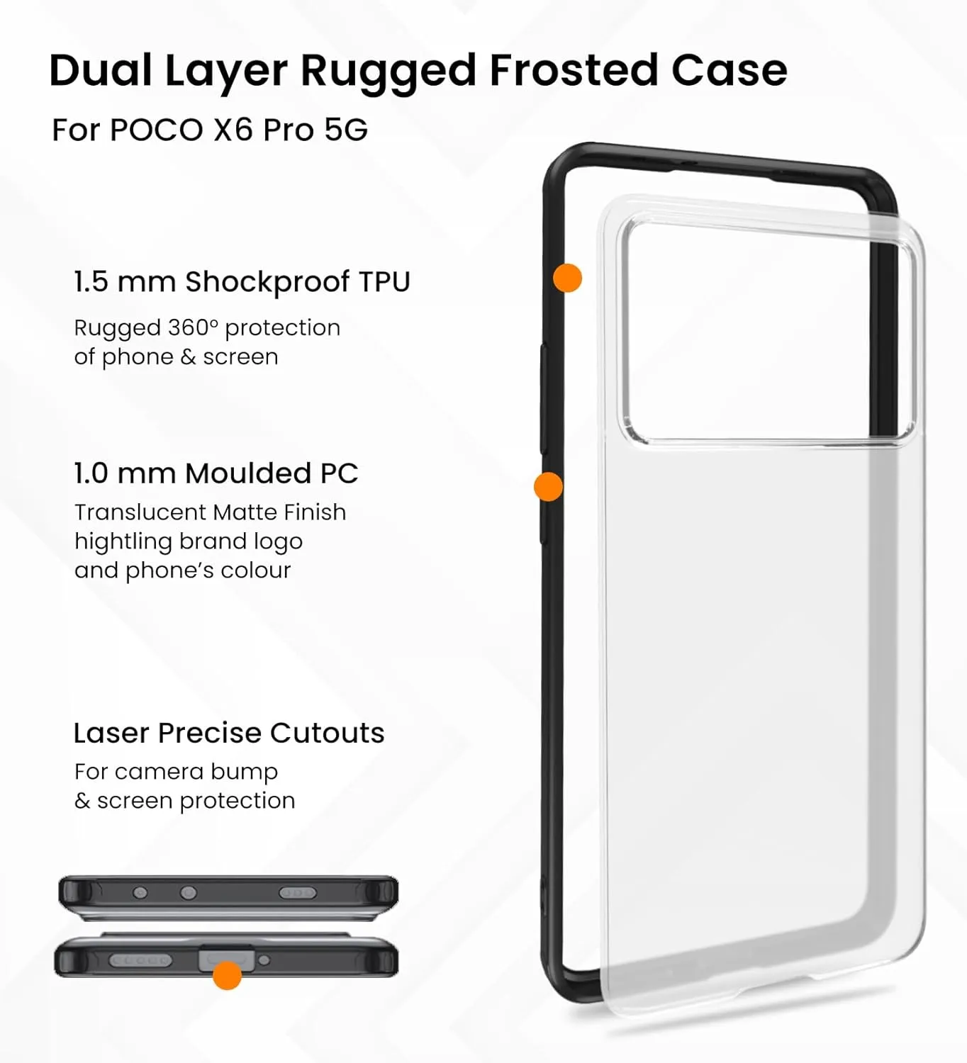 Rugged Frosted Semi Transparent PC Shock Proof Slim Back Cover for Poco X6 Pro 5G, 6.67 inch, Black