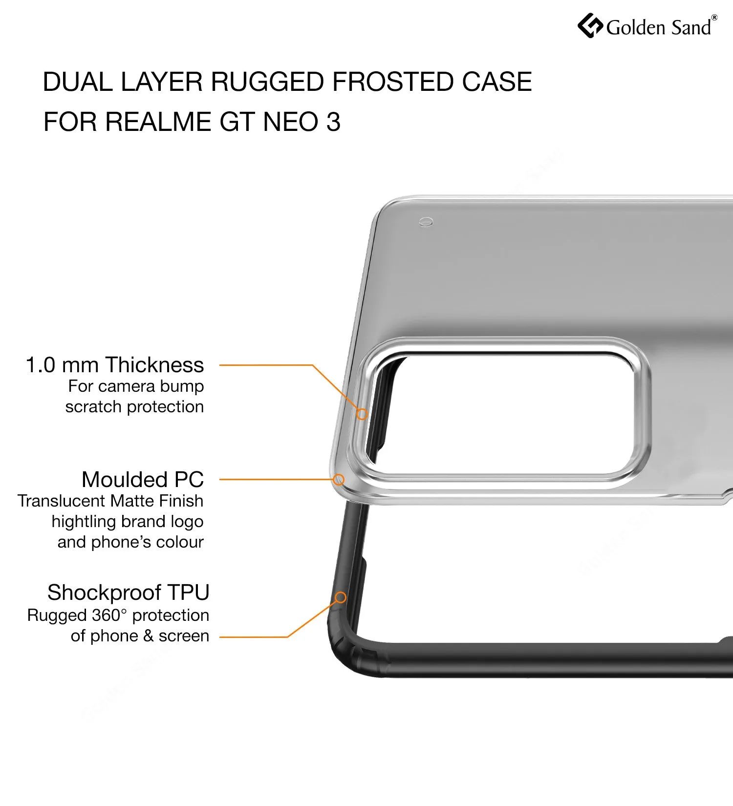 Rugged Frosted Semi Transparent PC Shock Proof Slim Back Cover for Realme GT Neo 3, 6.7 inch, Black
