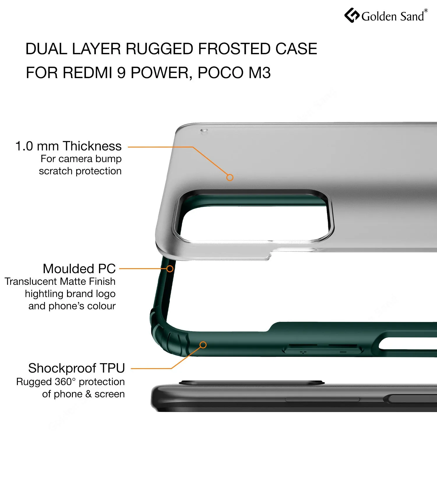 Rugged Frosted Semi Transparent PC Shock Proof Slim Back Cover for Redmi 9 Power, Electric Green