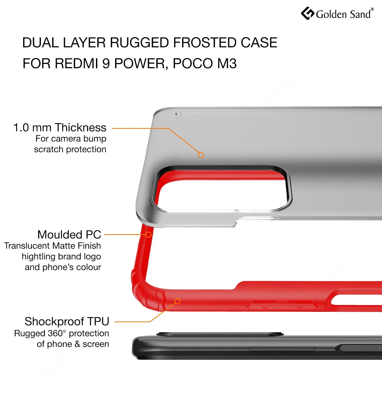 Rugged Frosted Semi Transparent PC Shock Proof Slim Back Cover for Redmi 9 Power, Fiery Red