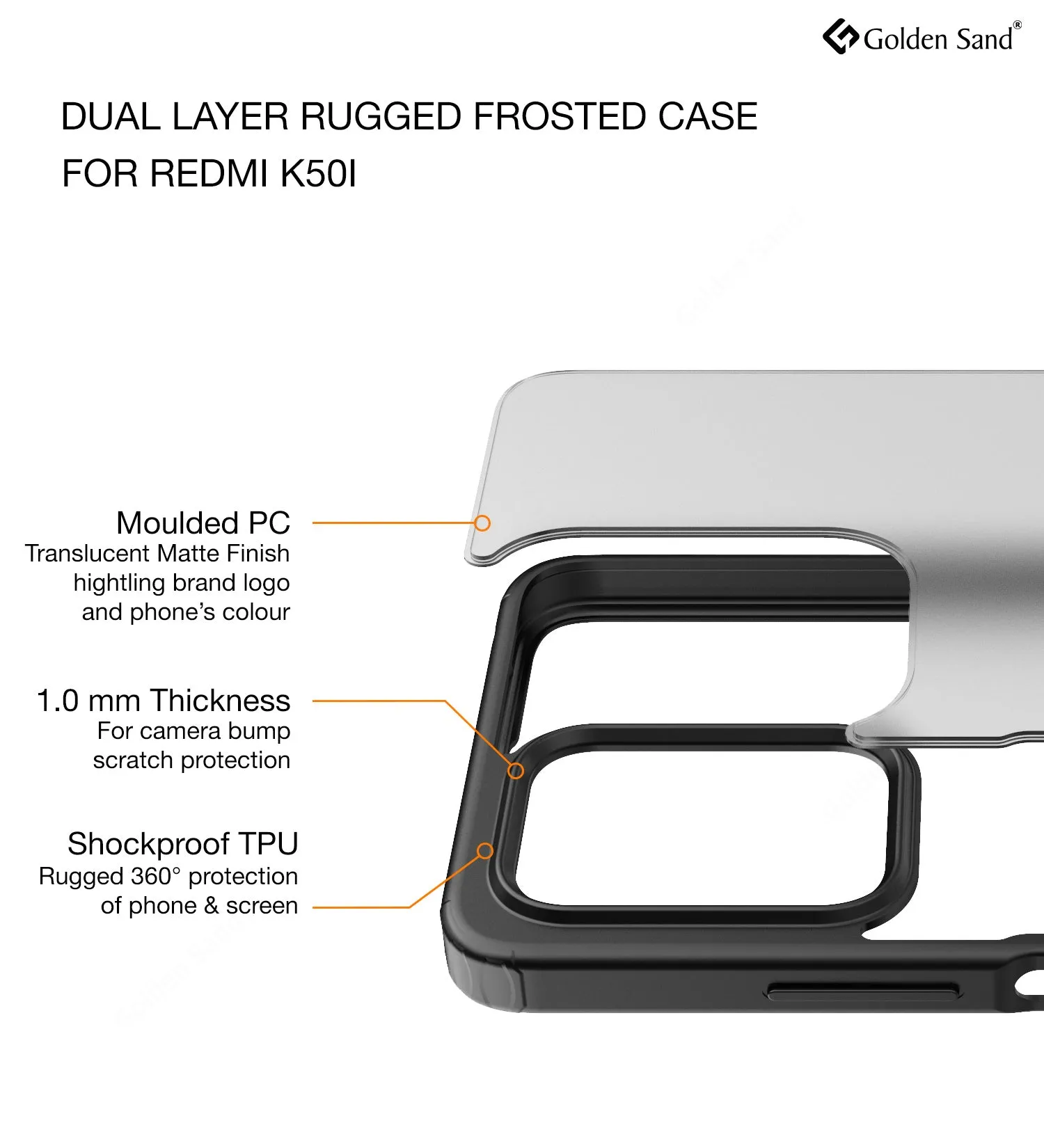 Rugged Frosted Semi Transparent PC Shock Proof Slim Back Cover for Redmi K50i, 6.6 inch, Black