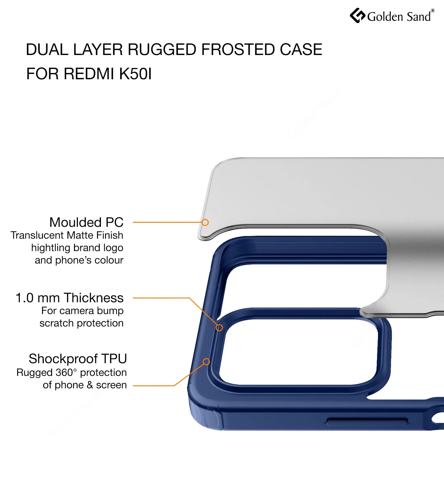 Rugged Frosted Semi Transparent PC Shock Proof Slim Back Cover for Redmi K50i, 6.6 inch, Blue