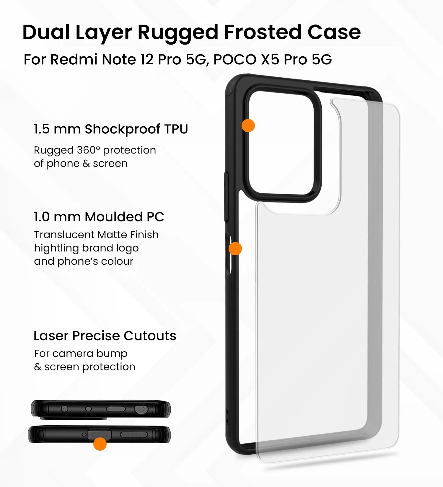 Rugged Frosted Semi Transparent PC Shock Proof Slim Back Cover for Redmi Note 12 Pro 5G, POCO X5 Pro 5G, 6.67 inch, Black