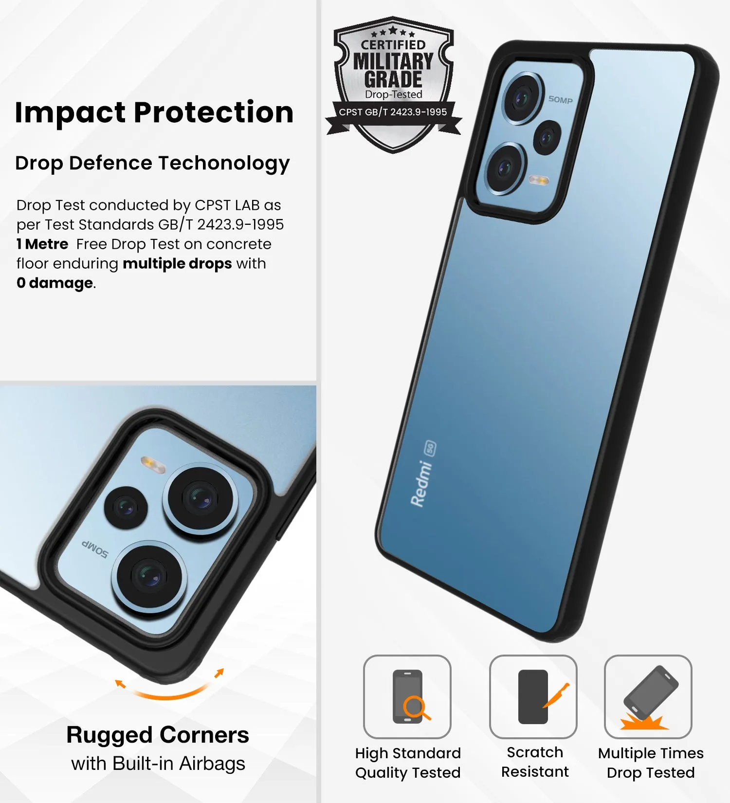 Rugged Frosted Semi Transparent PC Shock Proof Slim Back Cover for Redmi Note 12 Pro 5G, POCO X5 Pro 5G, 6.67 inch, Black