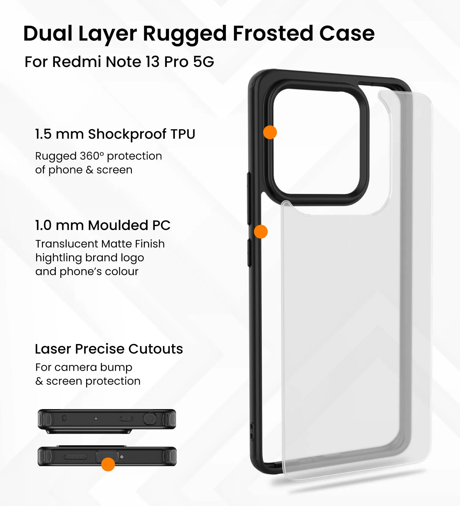 Rugged Frosted Semi Transparent PC Shock Proof Slim Back Cover for Redmi Note 13 Pro 5G, POCO X6 5G, 6.67 inch, Black