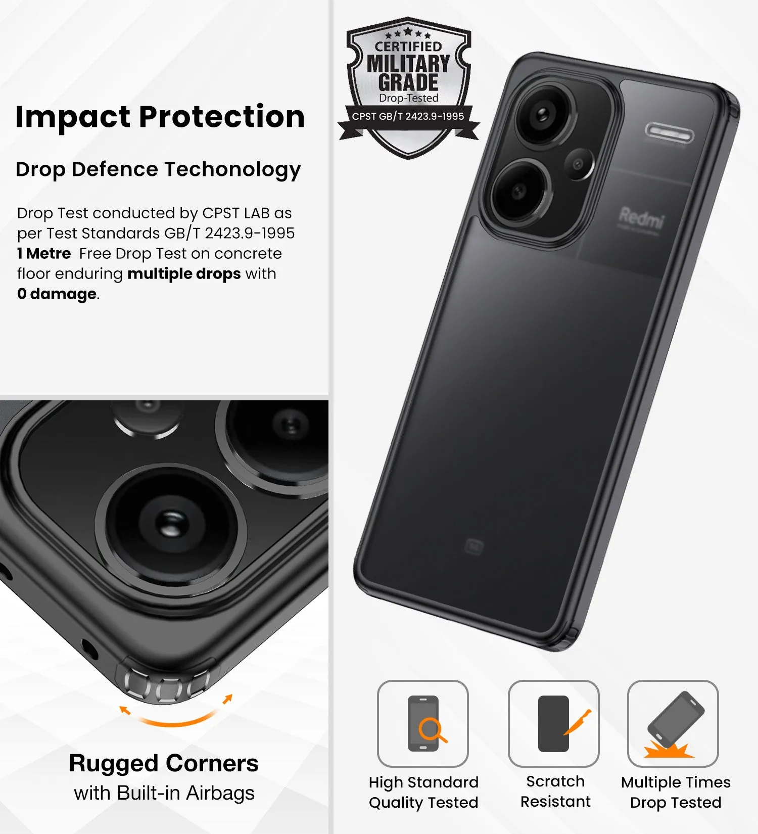 Rugged Frosted Semi Transparent PC Shock Proof Slim Back Cover for Redmi Note 13 Pro  Plus 5G, 6.67 inch, Black