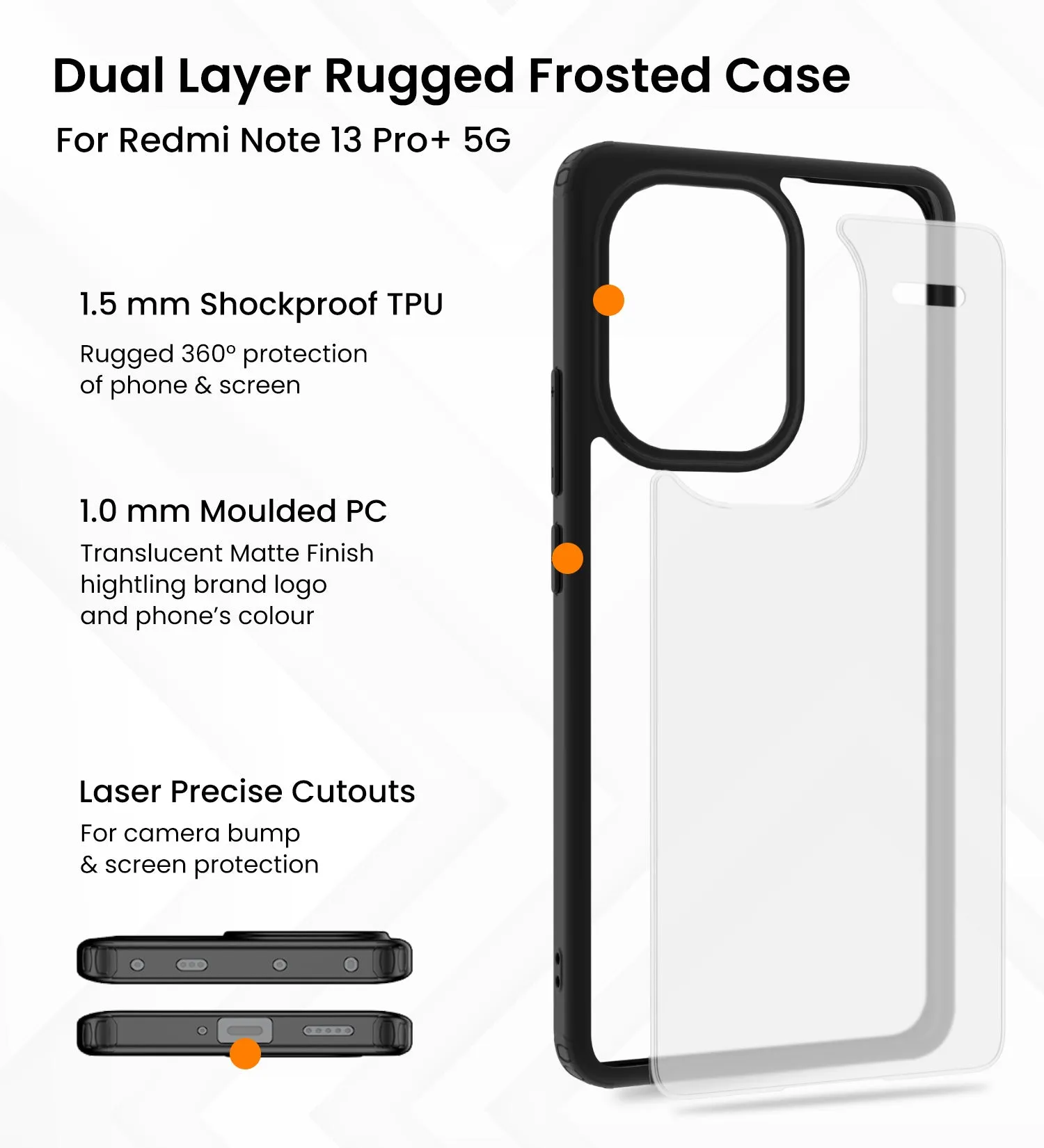 Rugged Frosted Semi Transparent PC Shock Proof Slim Back Cover for Redmi Note 13 Pro  Plus 5G, 6.67 inch, Black