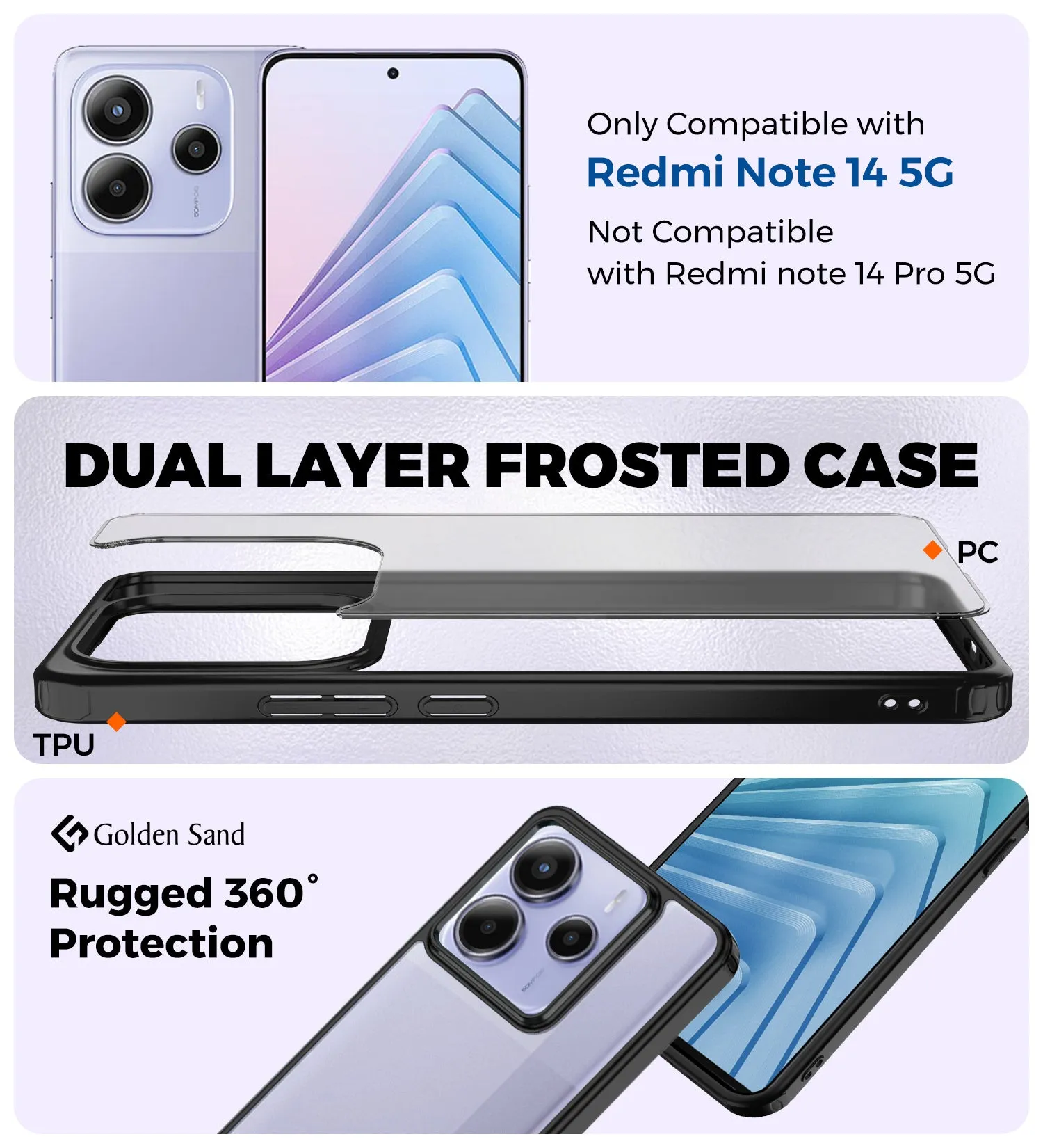 Rugged Frosted Semi Transparent PC Shock Proof Slim Back Cover for Redmi Note 14 5G, 6.67 inch, Black
