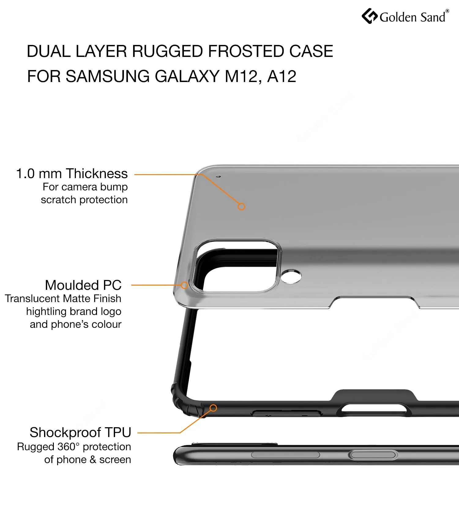 Rugged Frosted Semi Transparent PC Shock Proof Slim Back Cover for Samsung Galaxy A12, Samsung Galaxy M12, Samsung Galaxy F12, 6.5 inch, Black