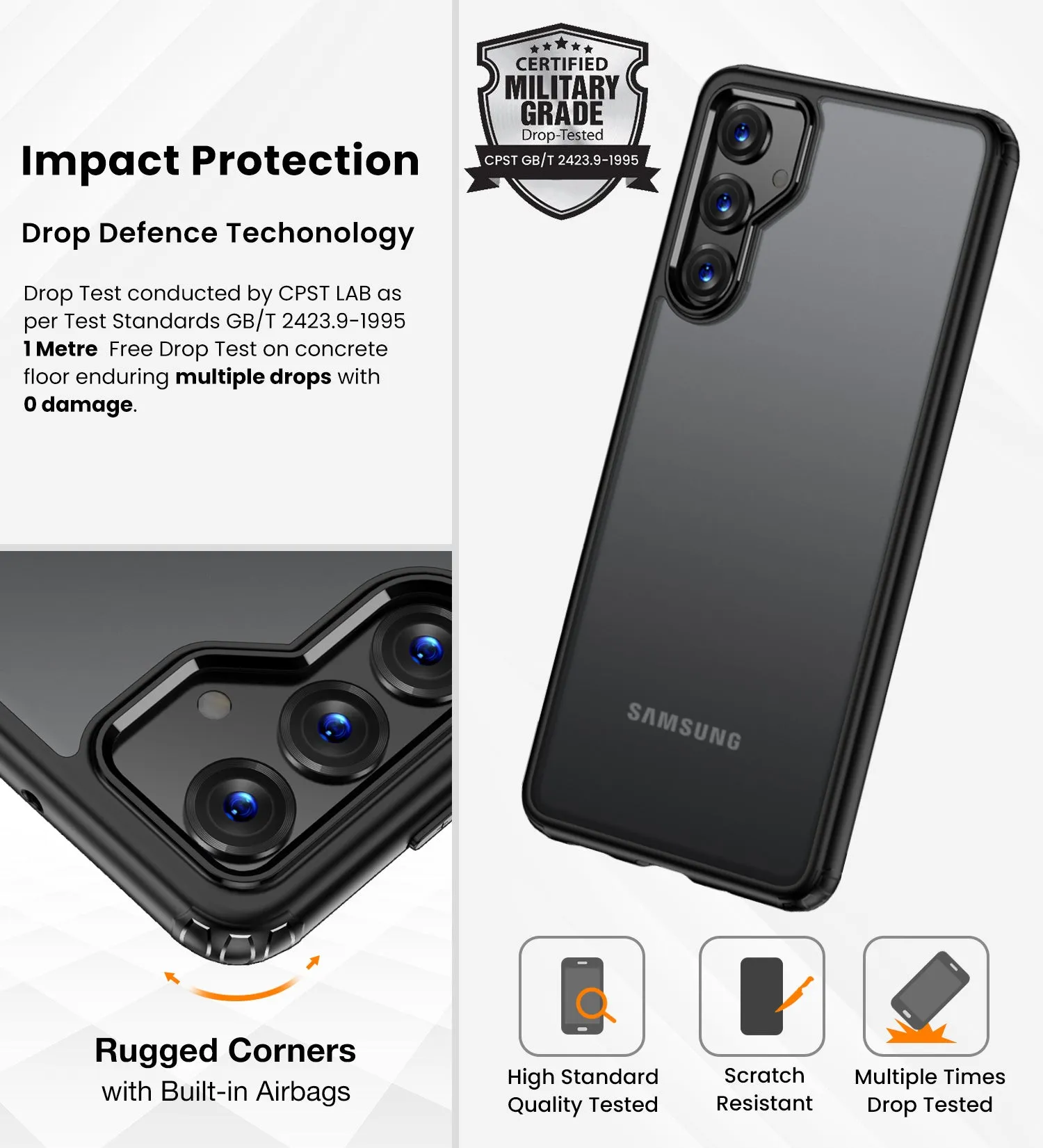 Rugged Frosted Semi Transparent PC Shock Proof Slim Back Cover for Samsung Galaxy A15 5G, Samsung Galaxy F15 5G, 6.5 inch, Black