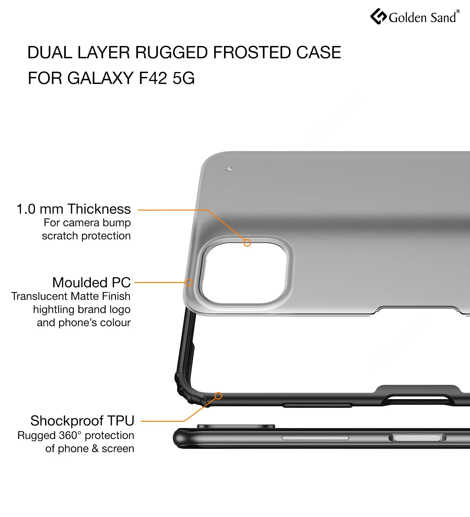 Rugged Frosted Semi Transparent PC Shock Proof Slim Back Cover for Samsung Galaxy A22 5G, Samsung Galaxy F42 5G, 6.6 inch, Black